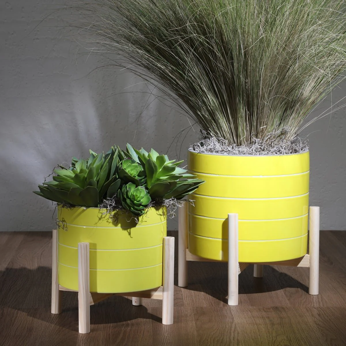 8" Striped Planter W/ Wood Stand, Yellow - Image 11