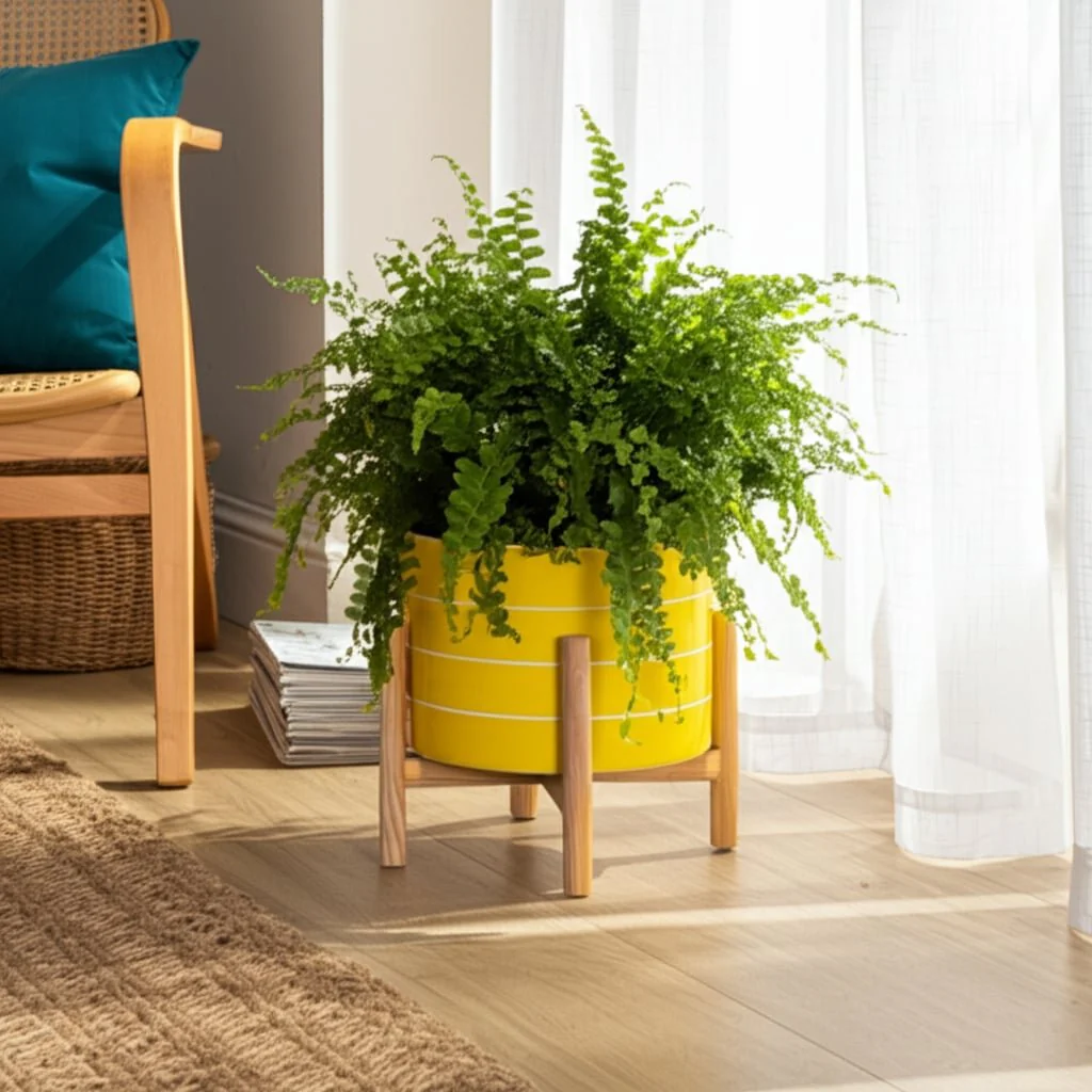 8" Striped Planter W/ Wood Stand, Yellow - Image 12