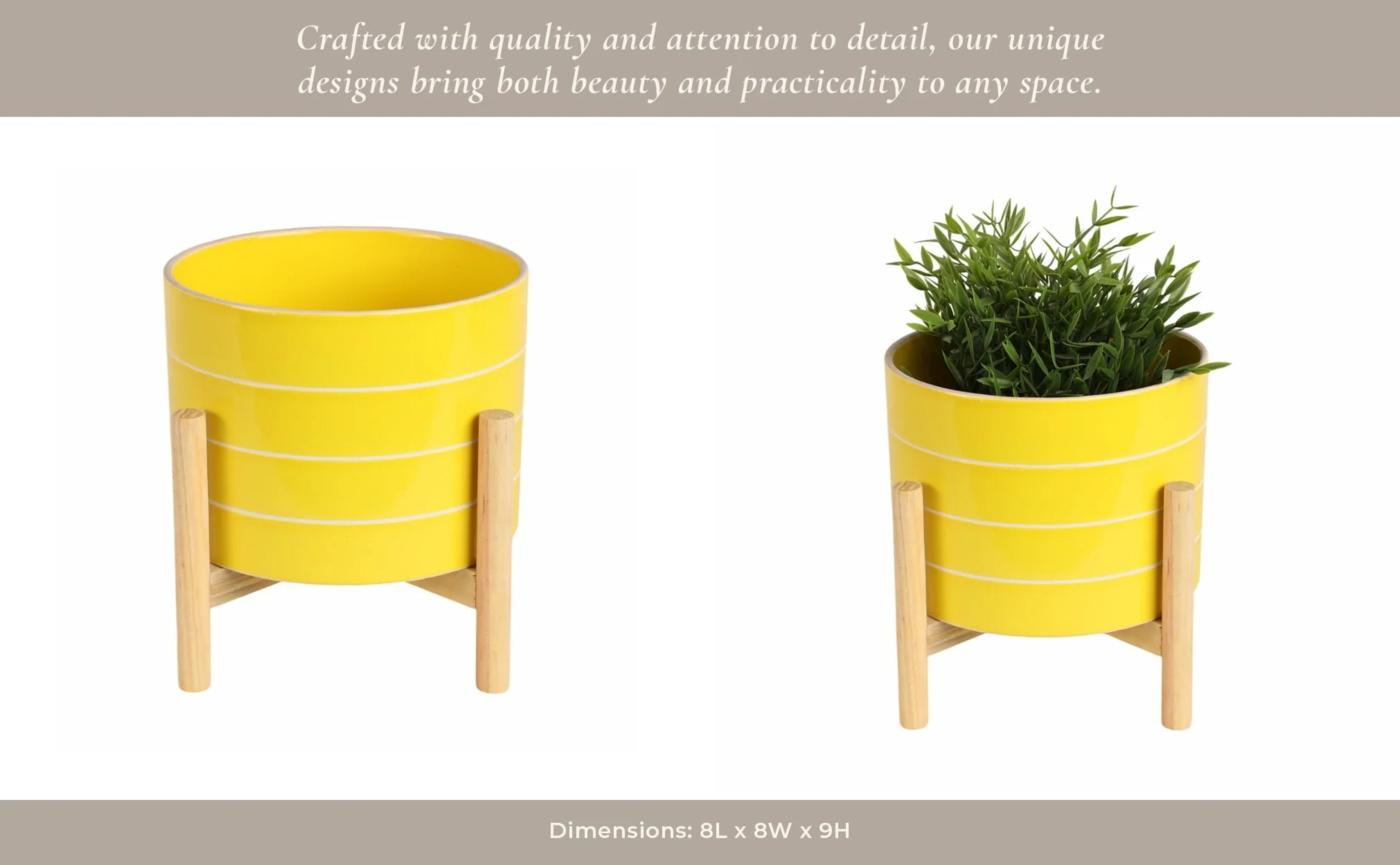 8" Striped Planter W/ Wood Stand, Yellow - Image 14