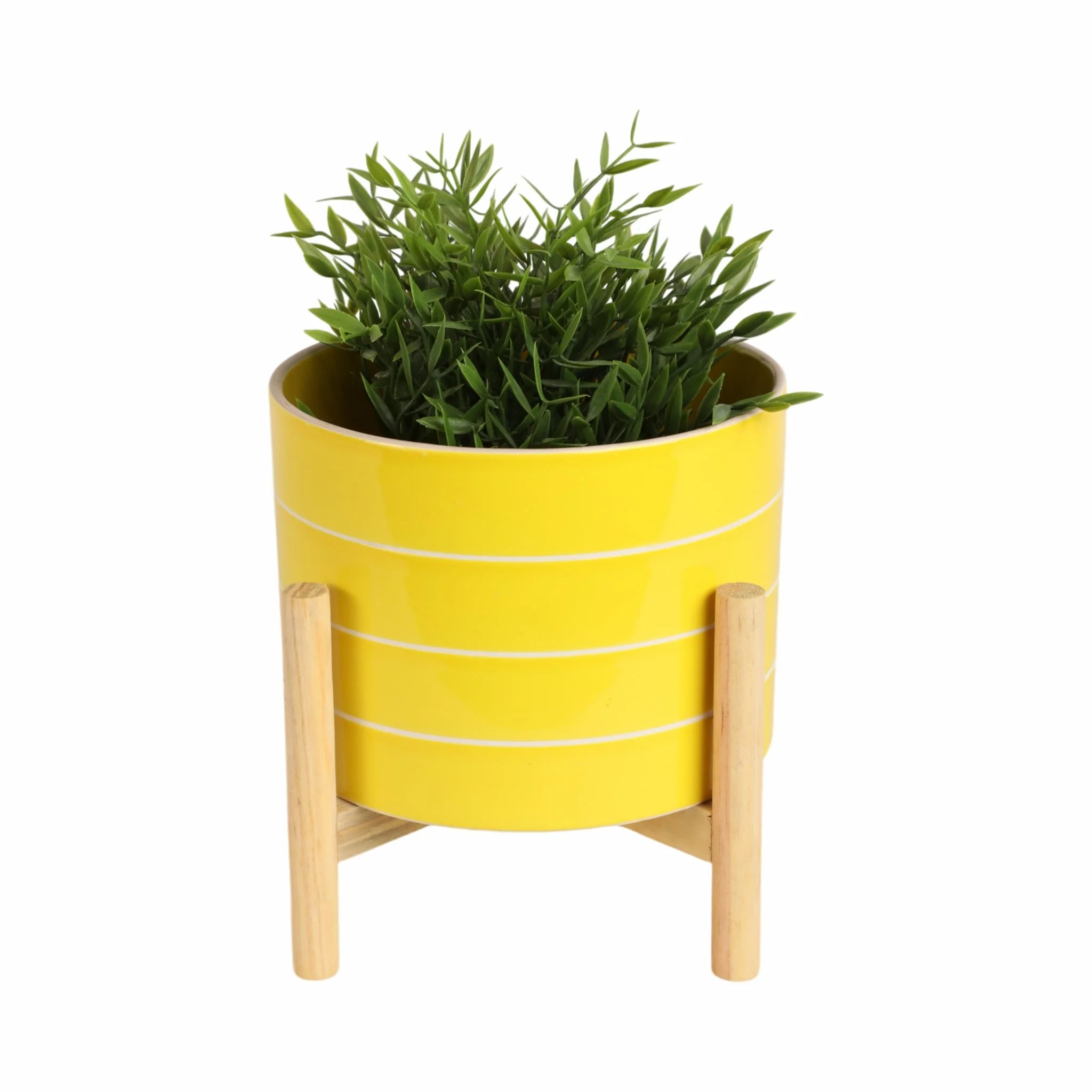 8" Striped Planter W/ Wood Stand, Yellow - Image 2