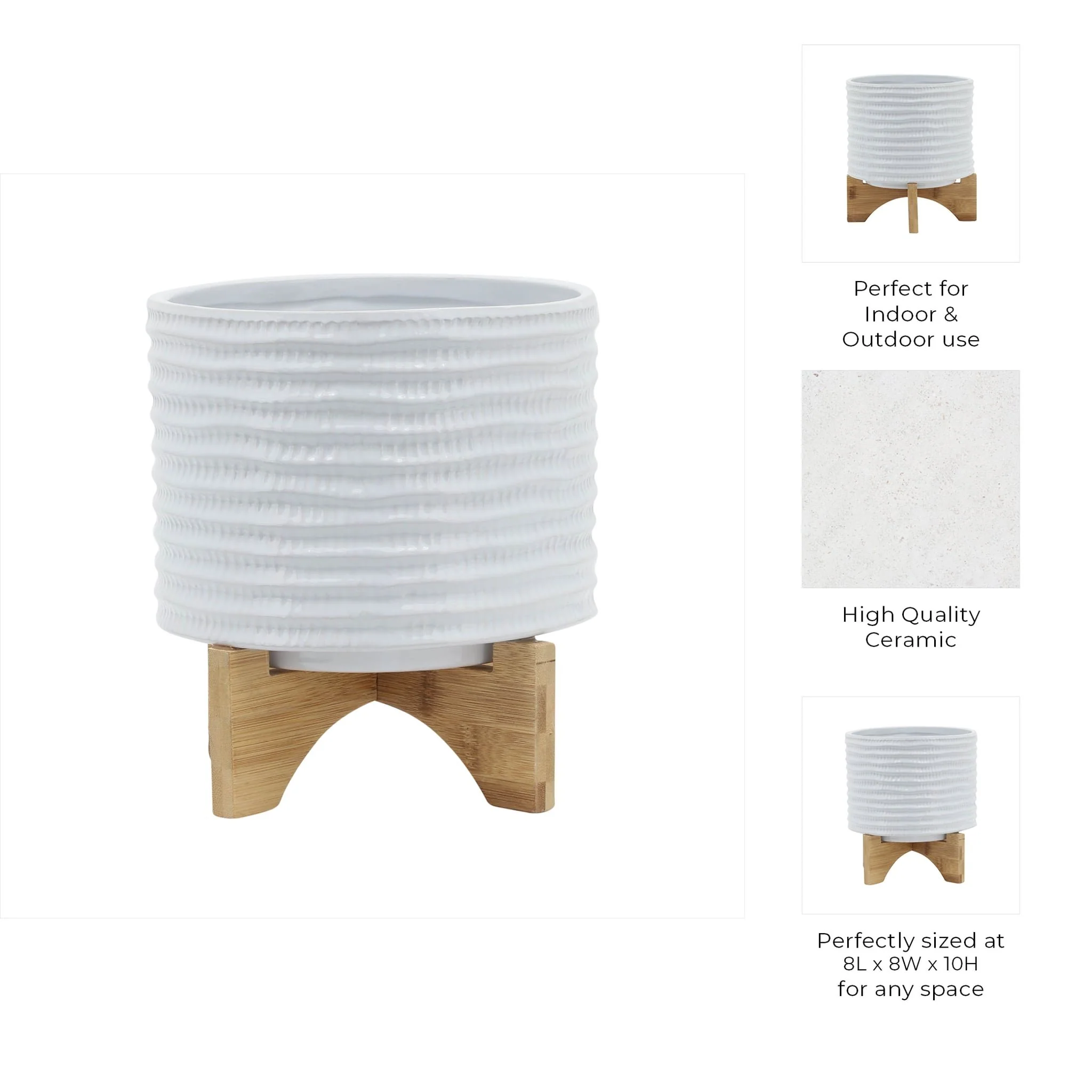 8" Textured Planter W/ Stand, White - Image 10