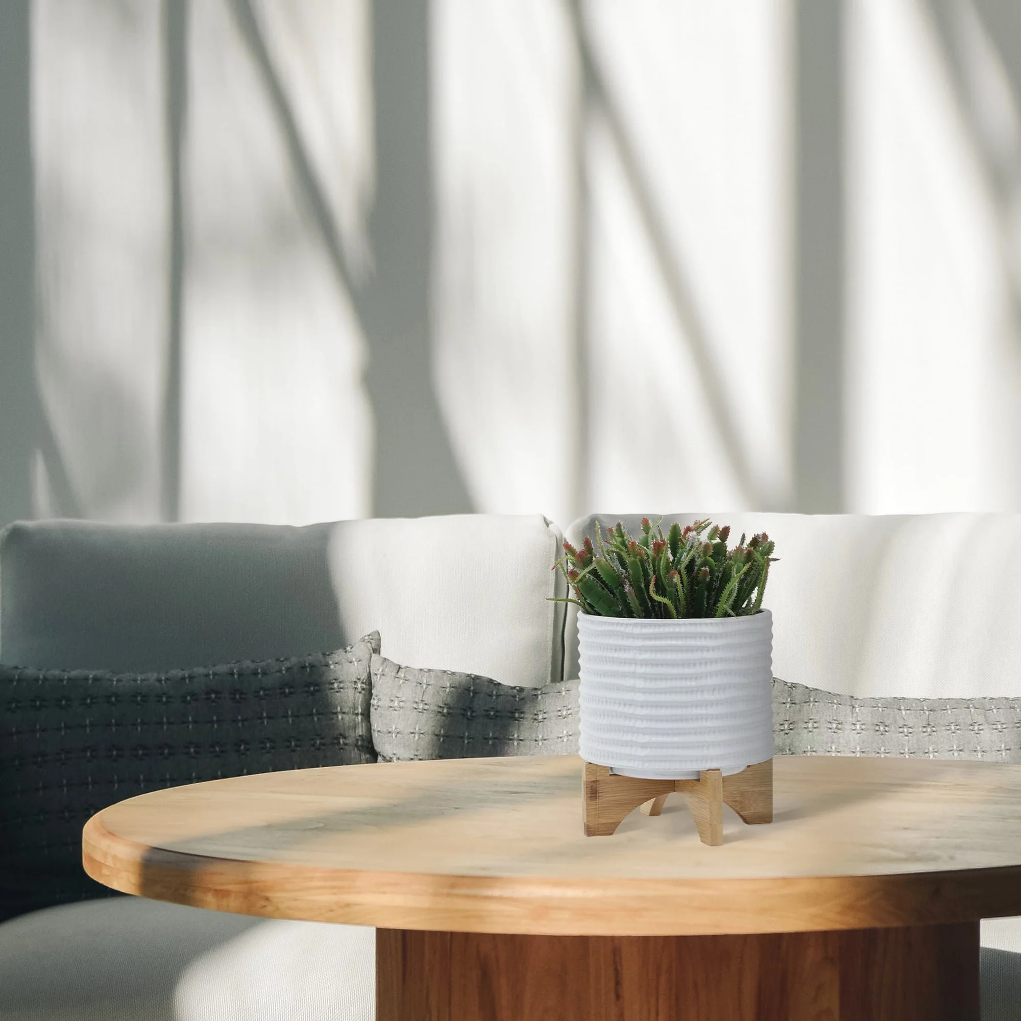 8" Textured Planter W/ Stand, White - Image 11