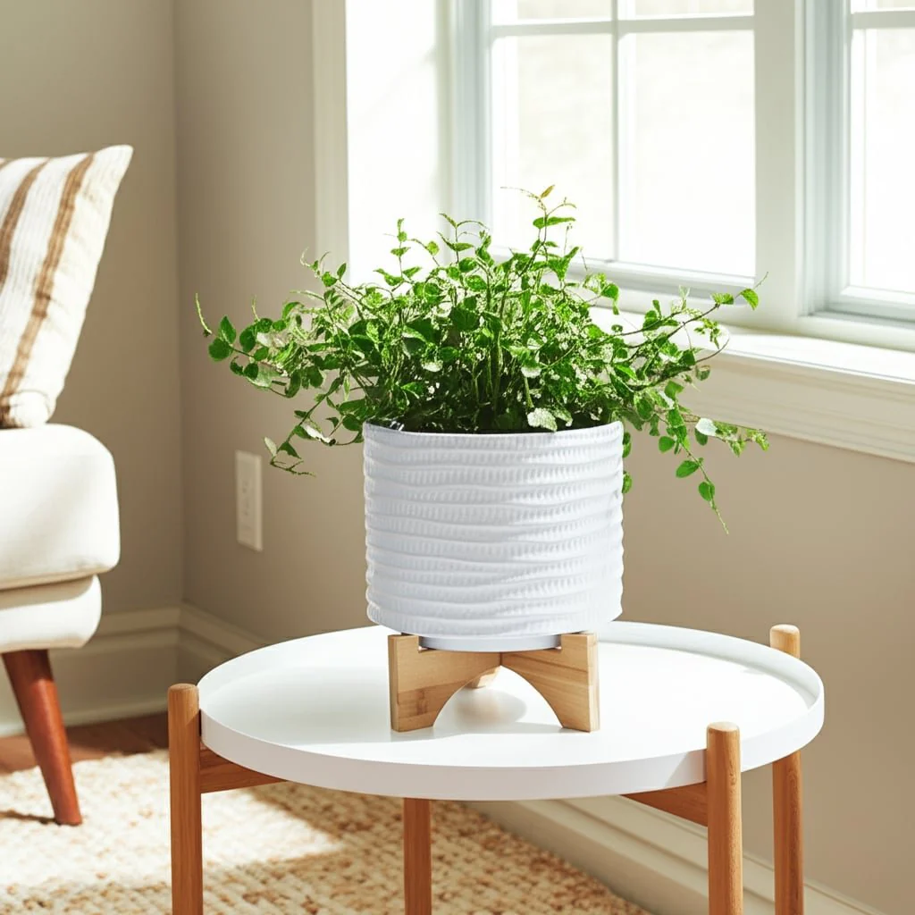 8" Textured Planter W/ Stand, White - Image 13
