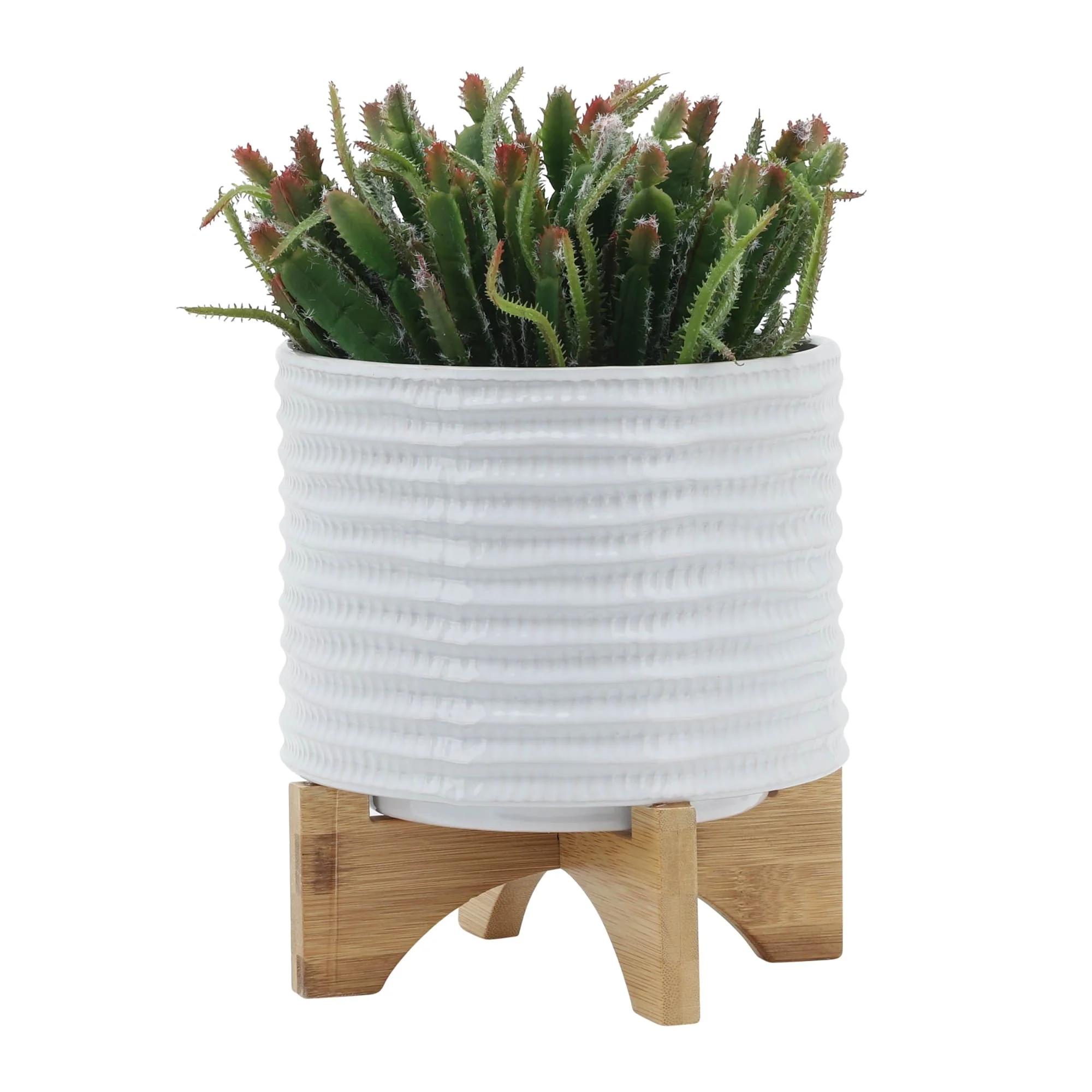 8" Textured Planter W/ Stand, White - Image 3
