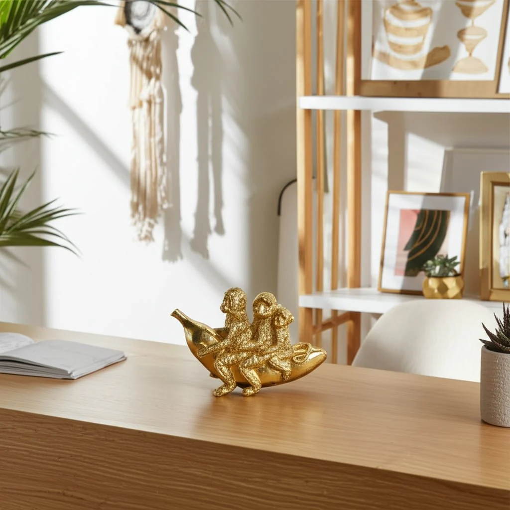 8" Three Monkeys On Banana, Gold - Image 11