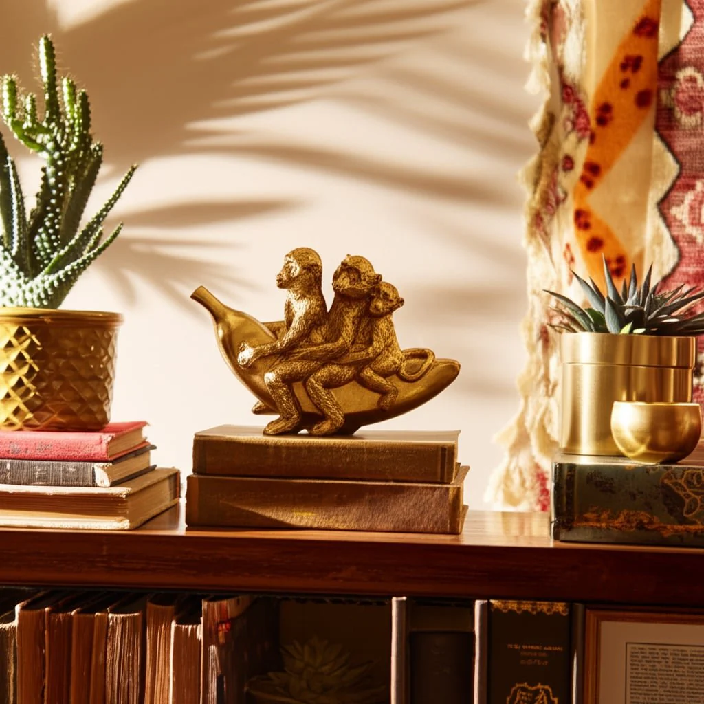 8" Three Monkeys On Banana, Gold - Image 12