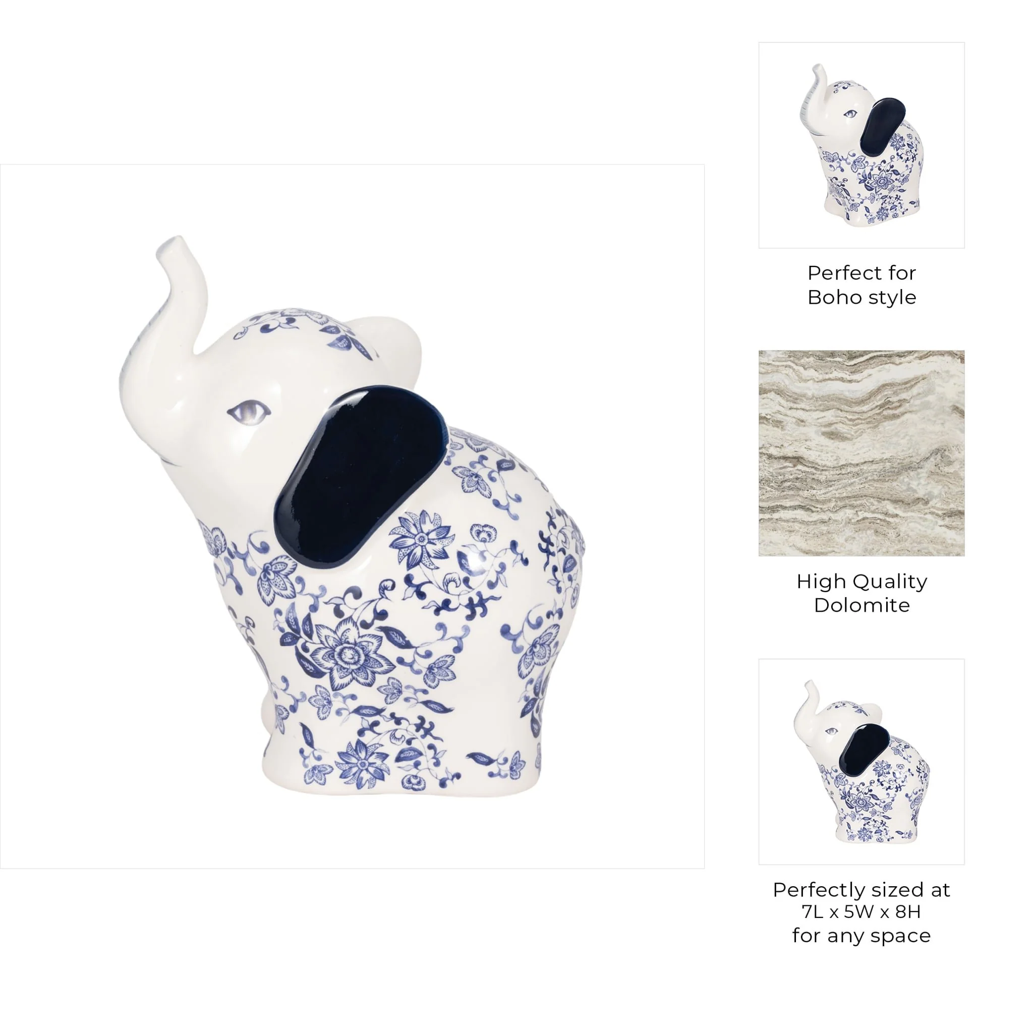 8" Trunk Up Chinoiserie Elephant, Blue/white - Image 9