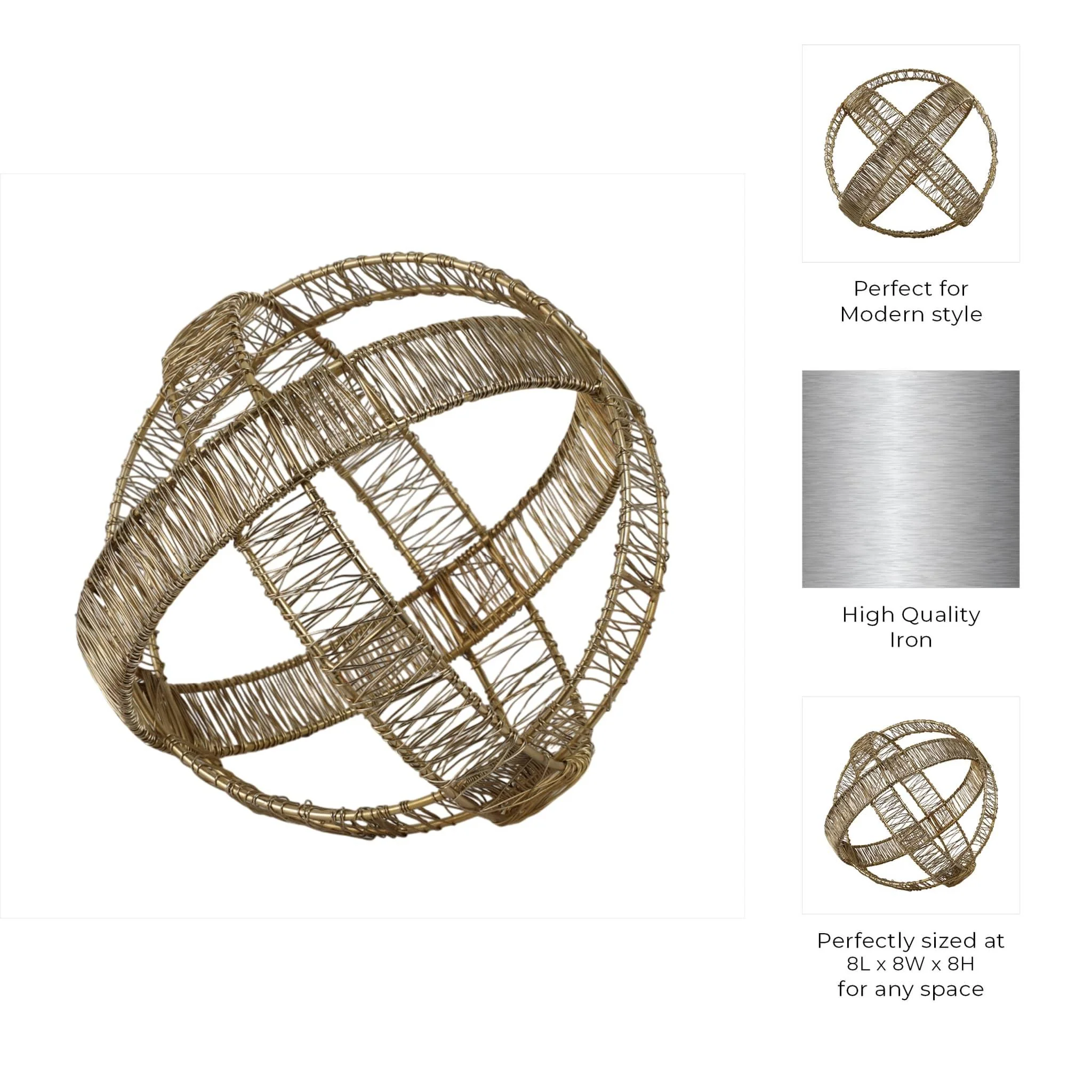 8" Woven Metal Orb, Gold - Image 7