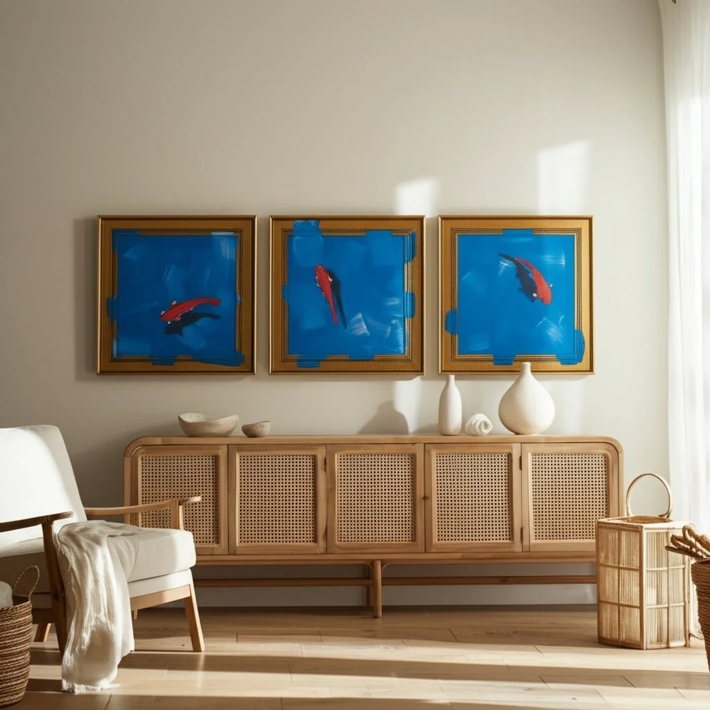 83x28,s/3 Hand Painted Fish In Sea, Blue/orange - Image 10