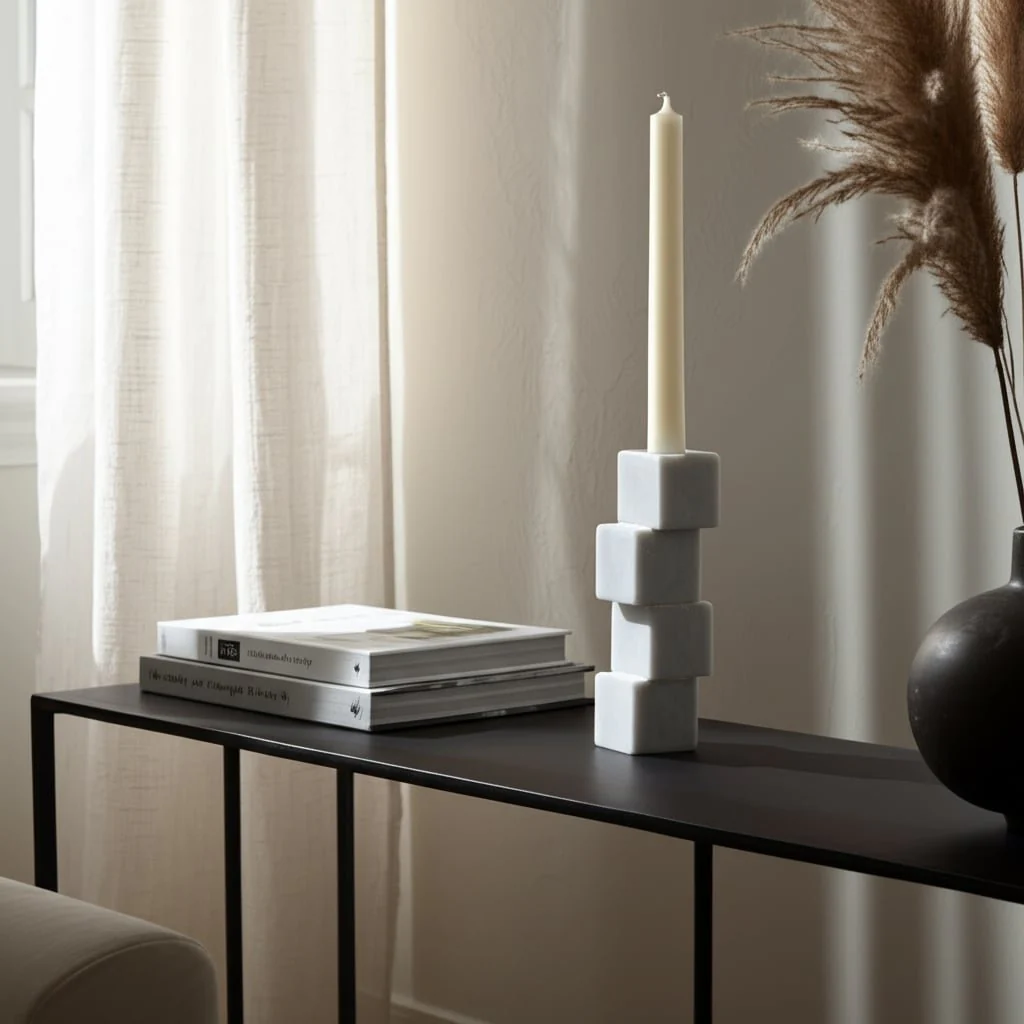 8x3" Stacked Cube Marble Taper Holder, White - Image 11