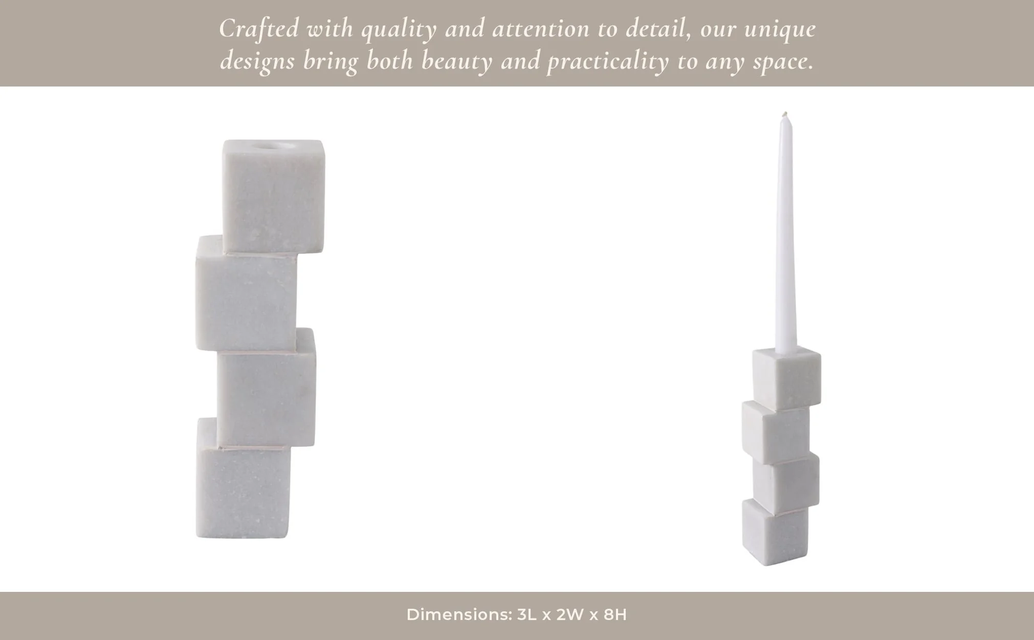 8x3" Stacked Cube Marble Taper Holder, White - Image 13