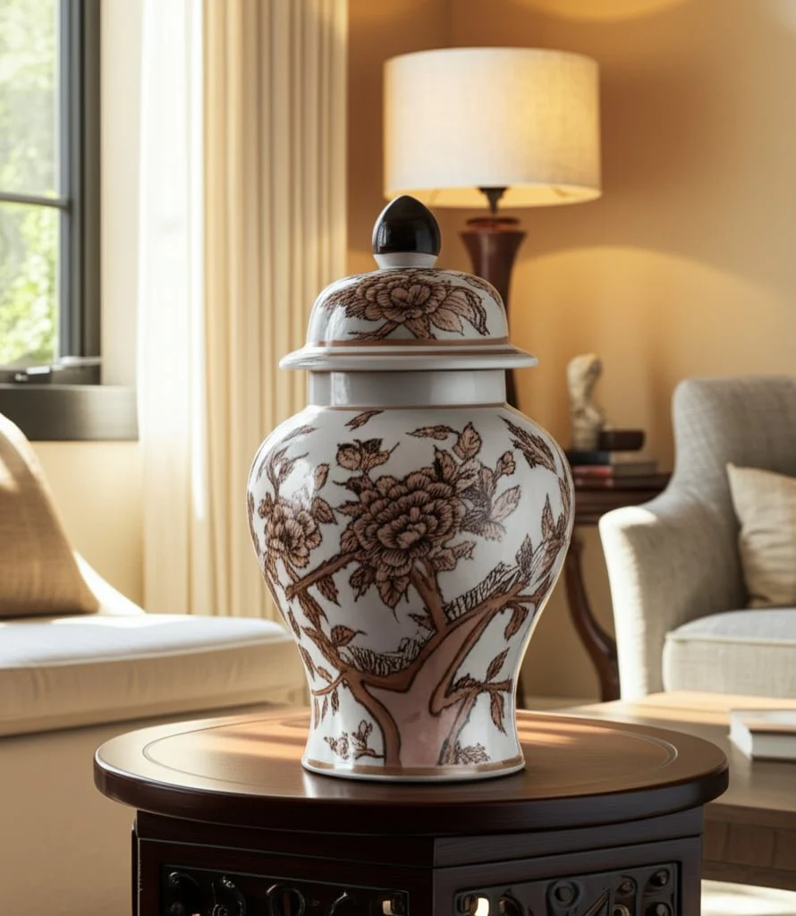 8x5" Chinoiserie Begonia Temple Jar, Brown/white - Image 10
