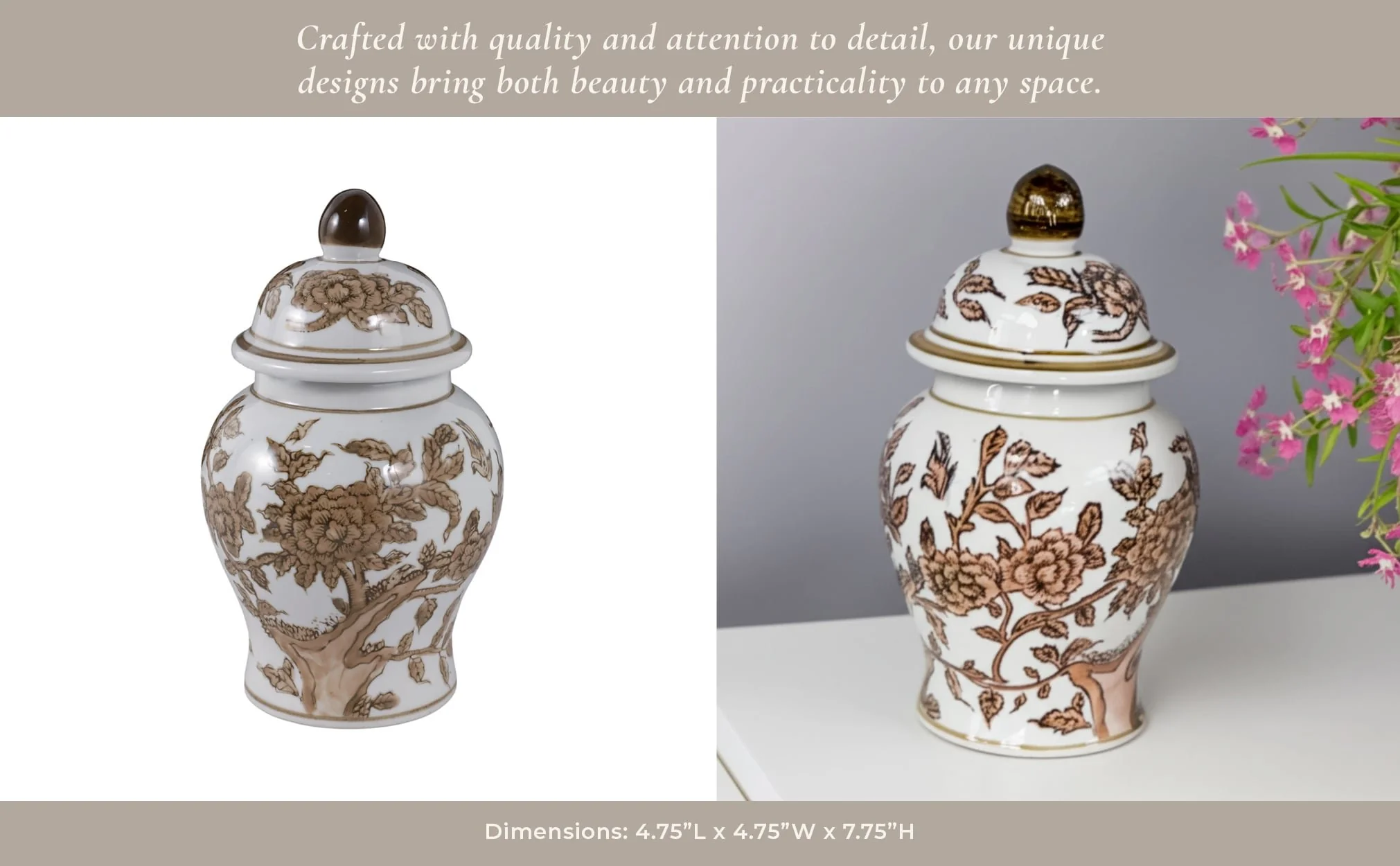 8x5" Chinoiserie Begonia Temple Jar, Brown/white - Image 11