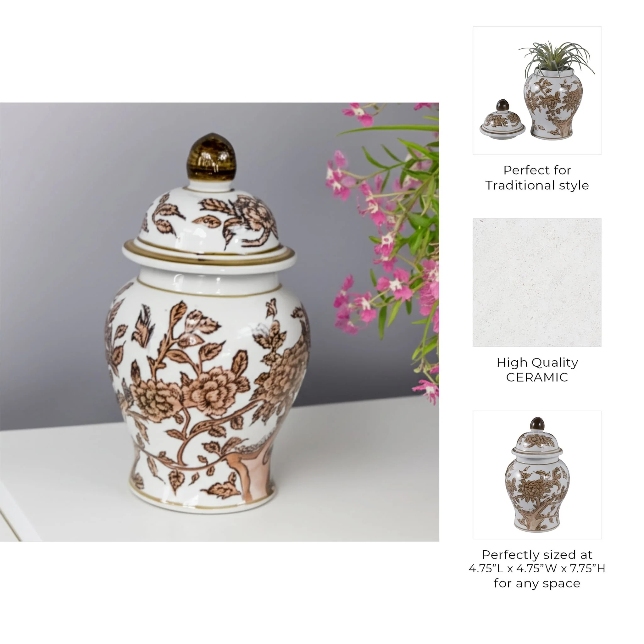 8x5" Chinoiserie Begonia Temple Jar, Brown/white - Image 8