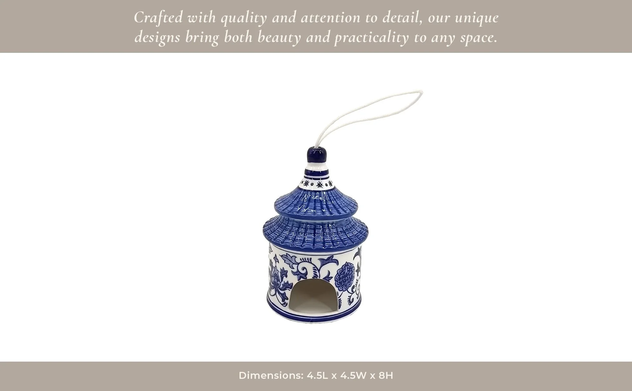 8x5" Chinoiserie Pagoda Bird House, White/blue - Image 10