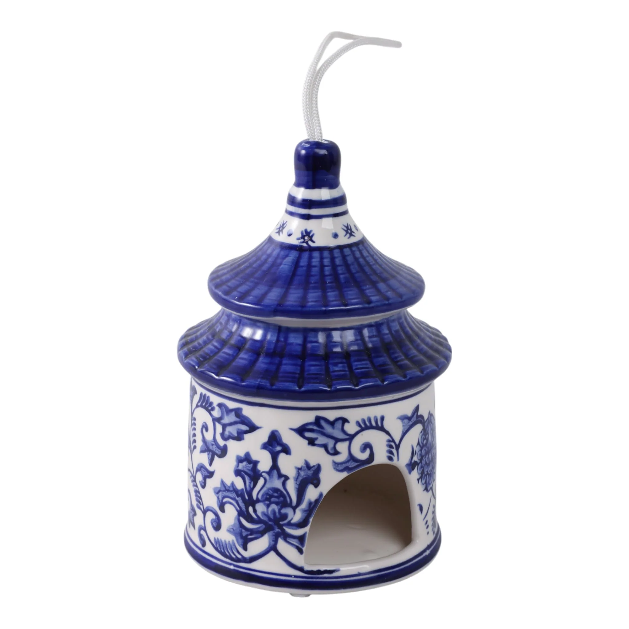 8x5" Chinoiserie Pagoda Bird House, White/blue - Image 2