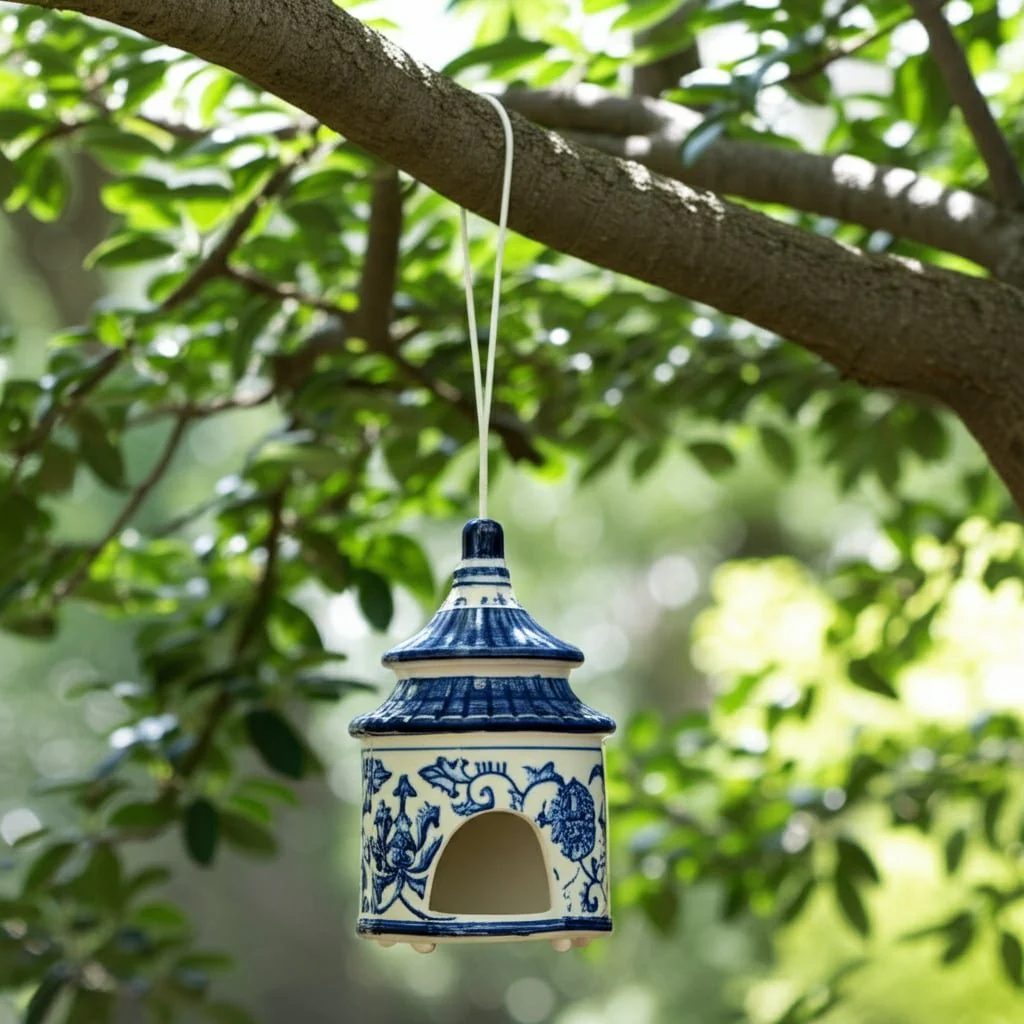 8x5" Chinoiserie Pagoda Bird House, White/blue - Image 9