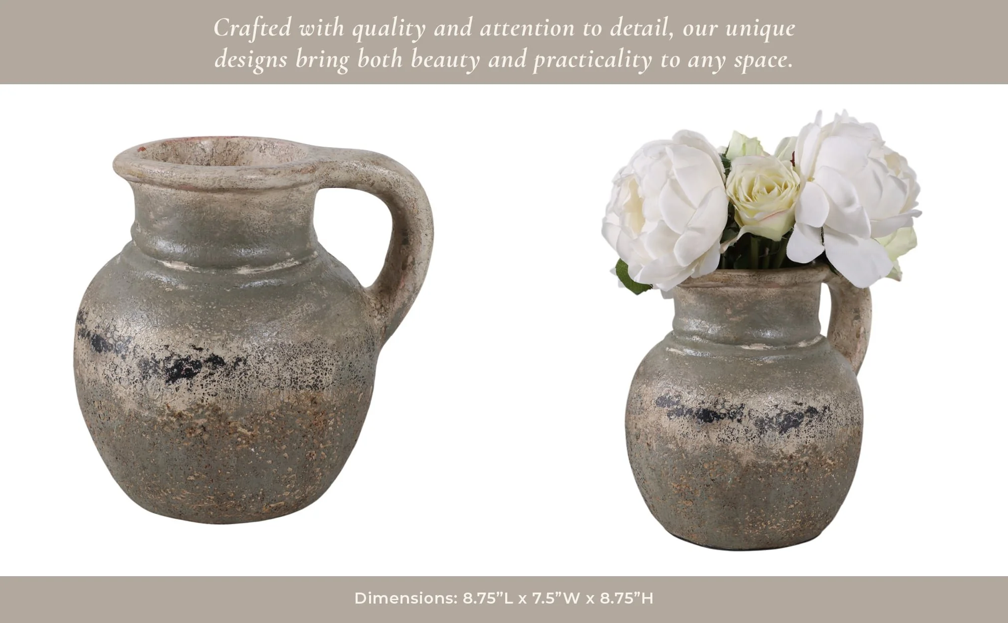 8x8" Terracotta Jug With Handle, Ivory/green - Image 9