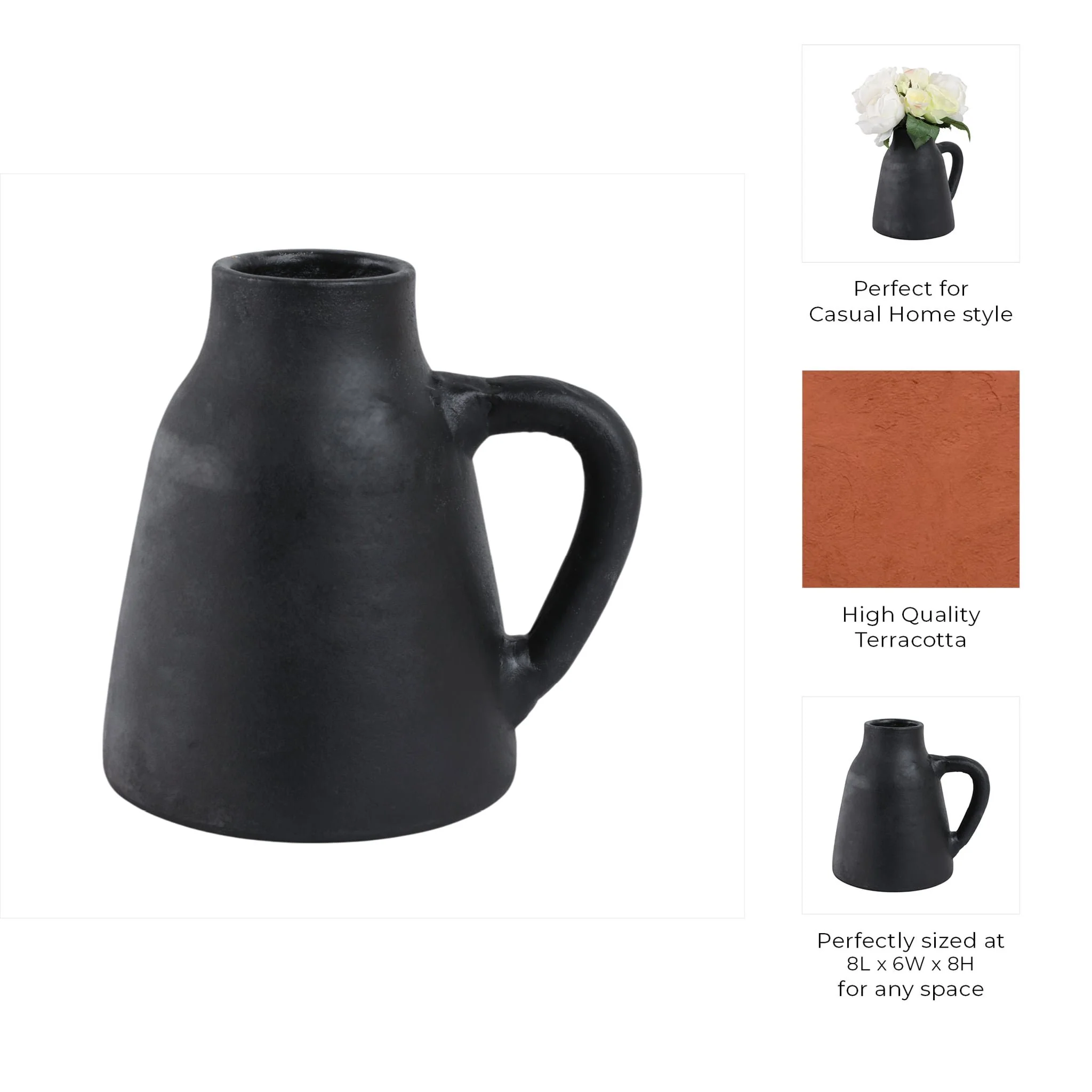8x8" Terracotta Vase With Handle, Black - Image 9