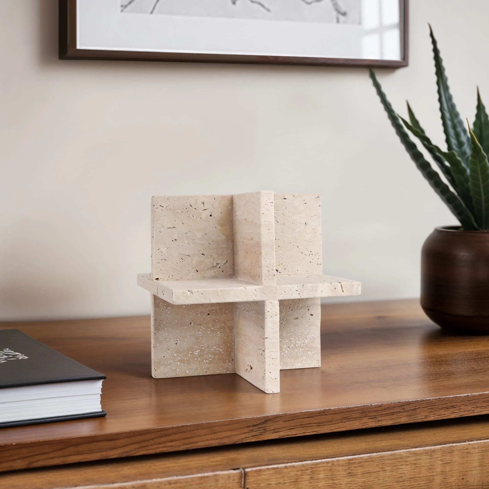 8x8" Travertine Geo Object, Tan - Image 11