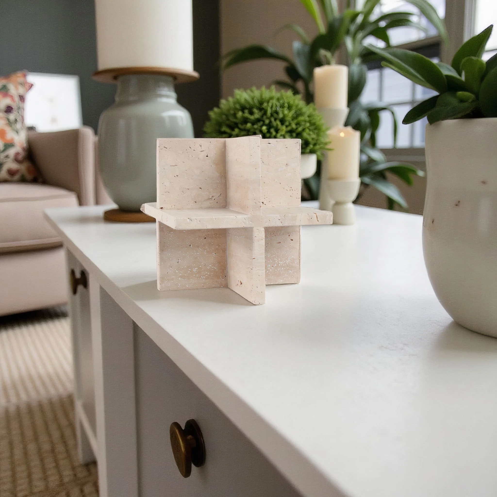 8x8" Travertine Geo Object, Tan - Image 12