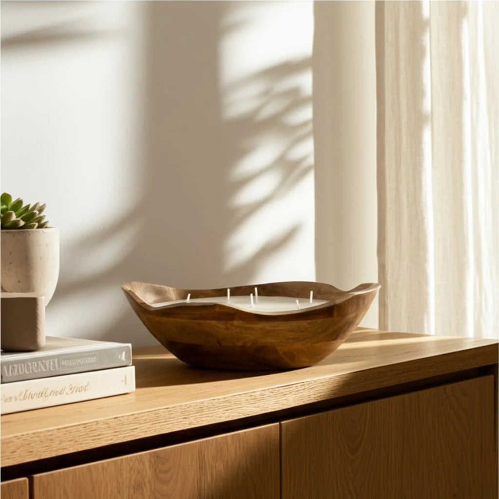 9" 14 Oz Vanilla Curvy Wood Bowl Candle, Natural - Image 10