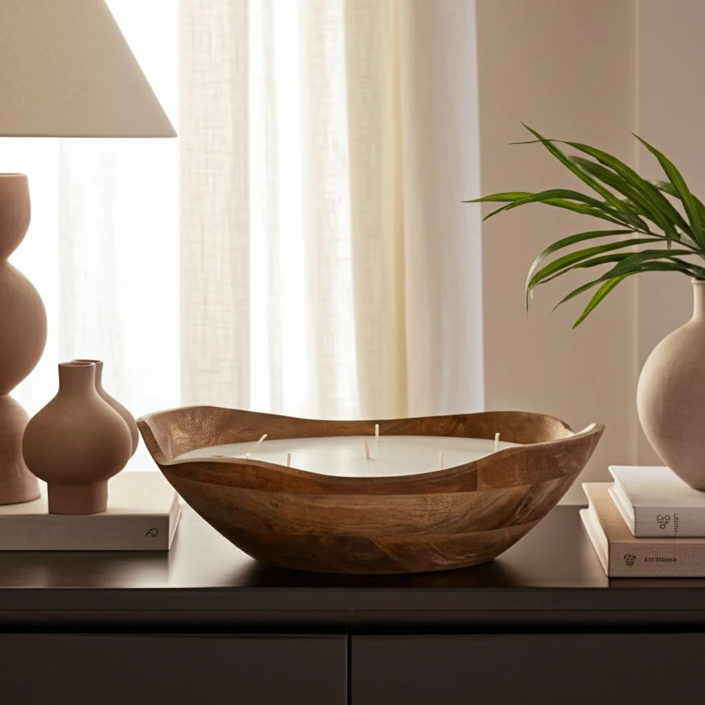 9" 14 Oz Vanilla Curvy Wood Bowl Candle, Natural - Image 11