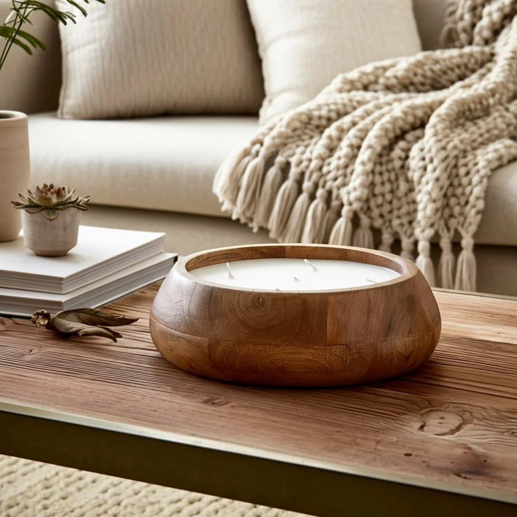 9" 20 Oz Vanilla Modern Wood Bowl Candle, Natural - Image 11