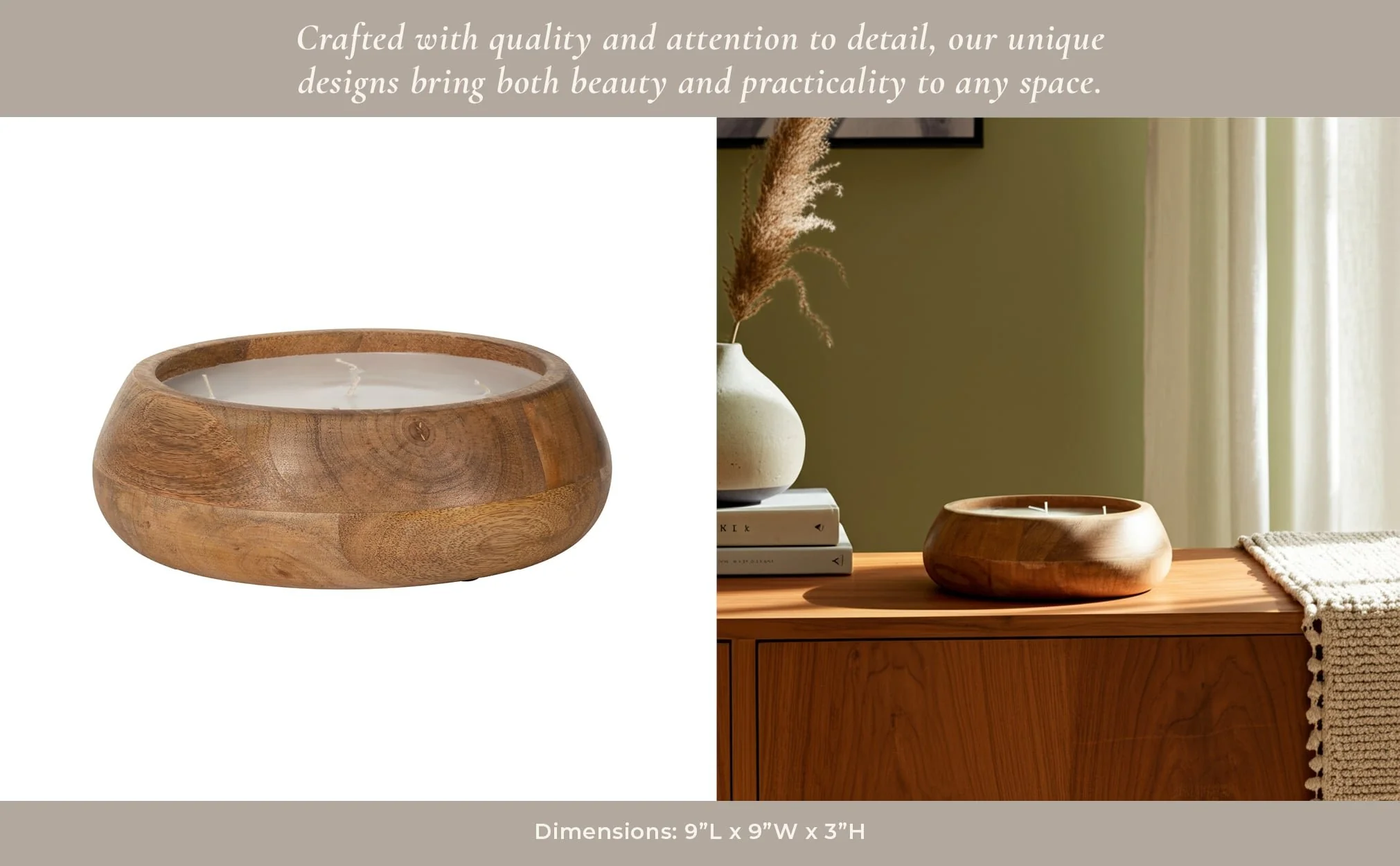 9" 20 Oz Vanilla Modern Wood Bowl Candle, Natural - Image 12