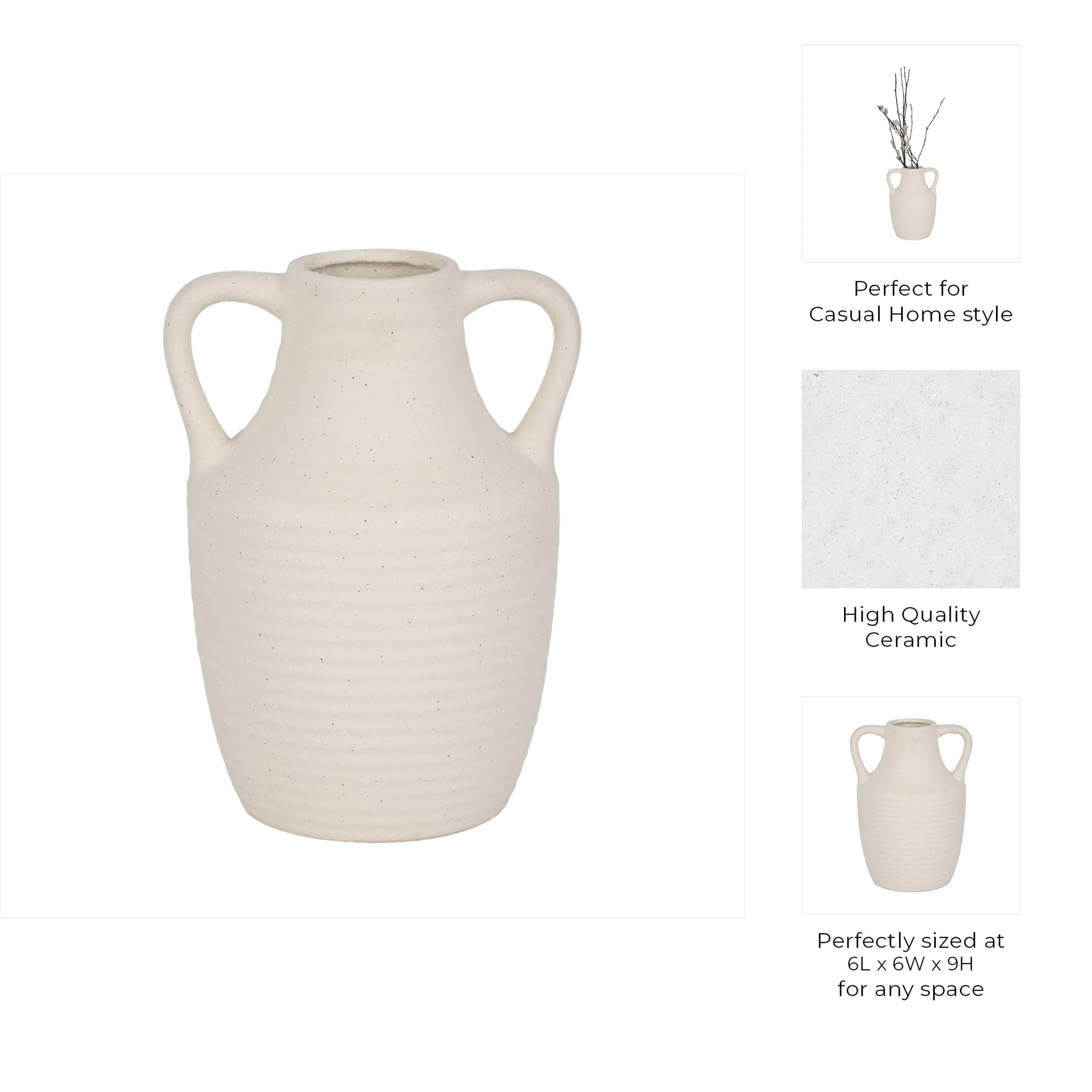 9" Jug Vase W/ Handle Rough Texture, Ivory - Image 9