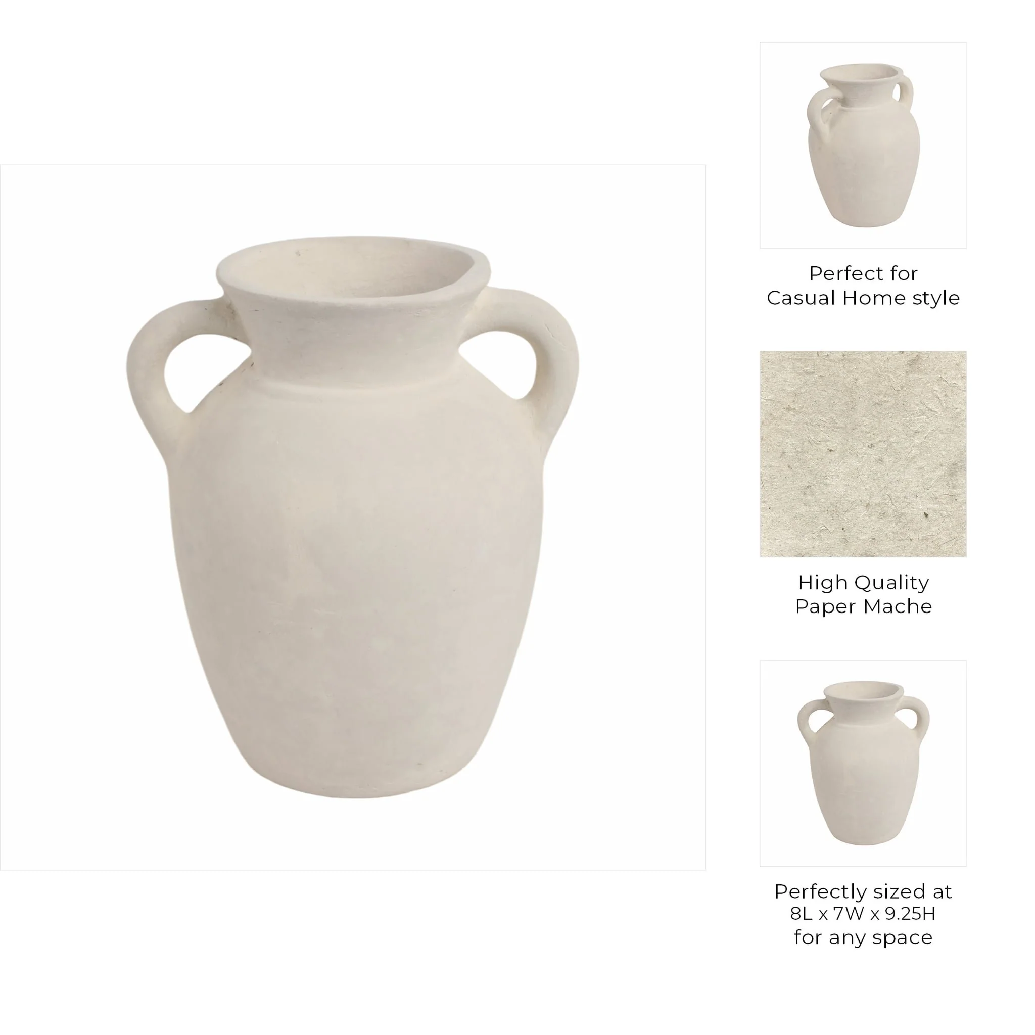 9" Vase With Handles, Paper Mache, Ivory - Image 9