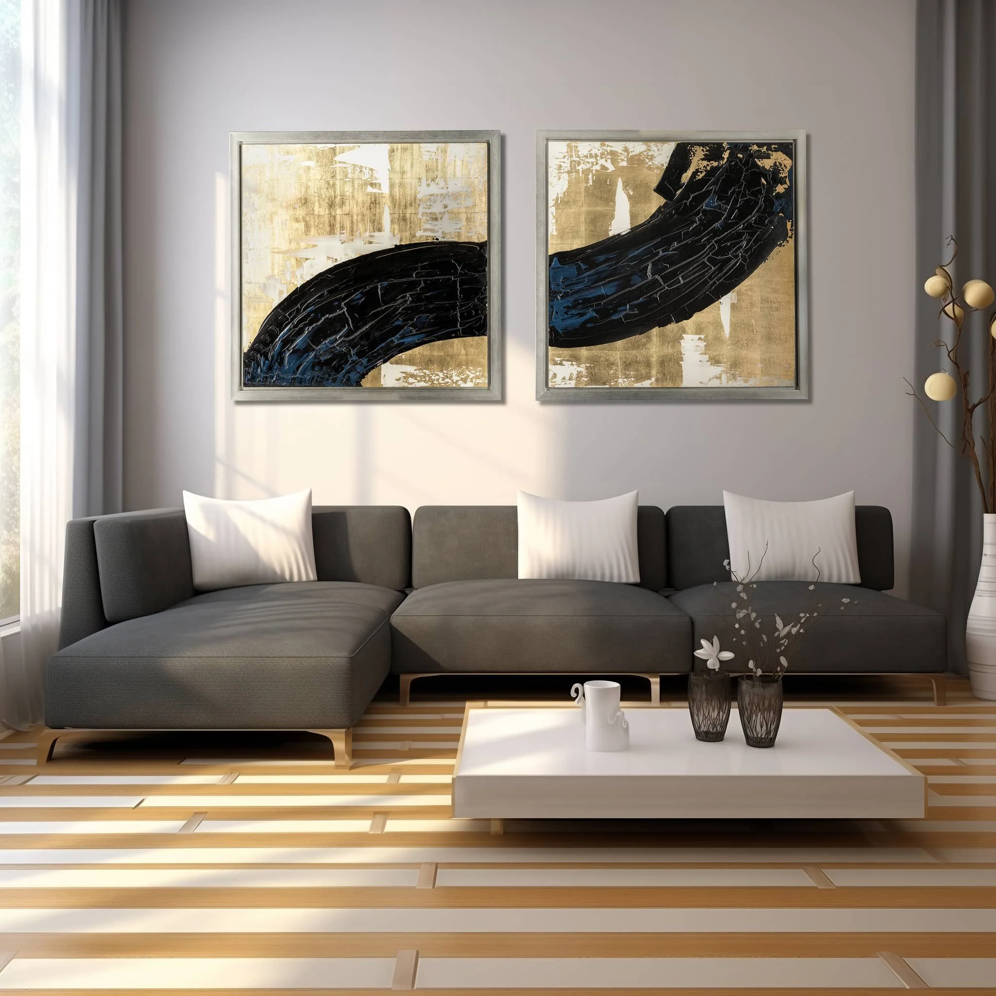 95x47, S/2 Hand Painted Matching  Blk Streak, Gld - Image 11