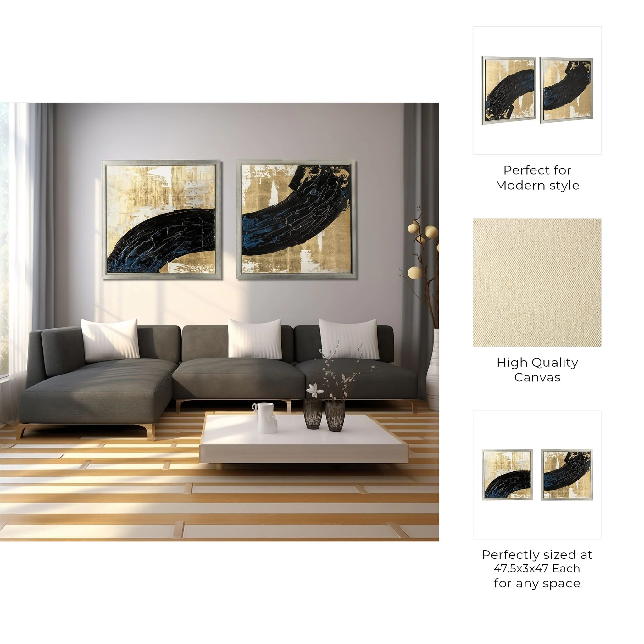 95x47, S/2 Hand Painted Matching  Blk Streak, Gld - Image 9
