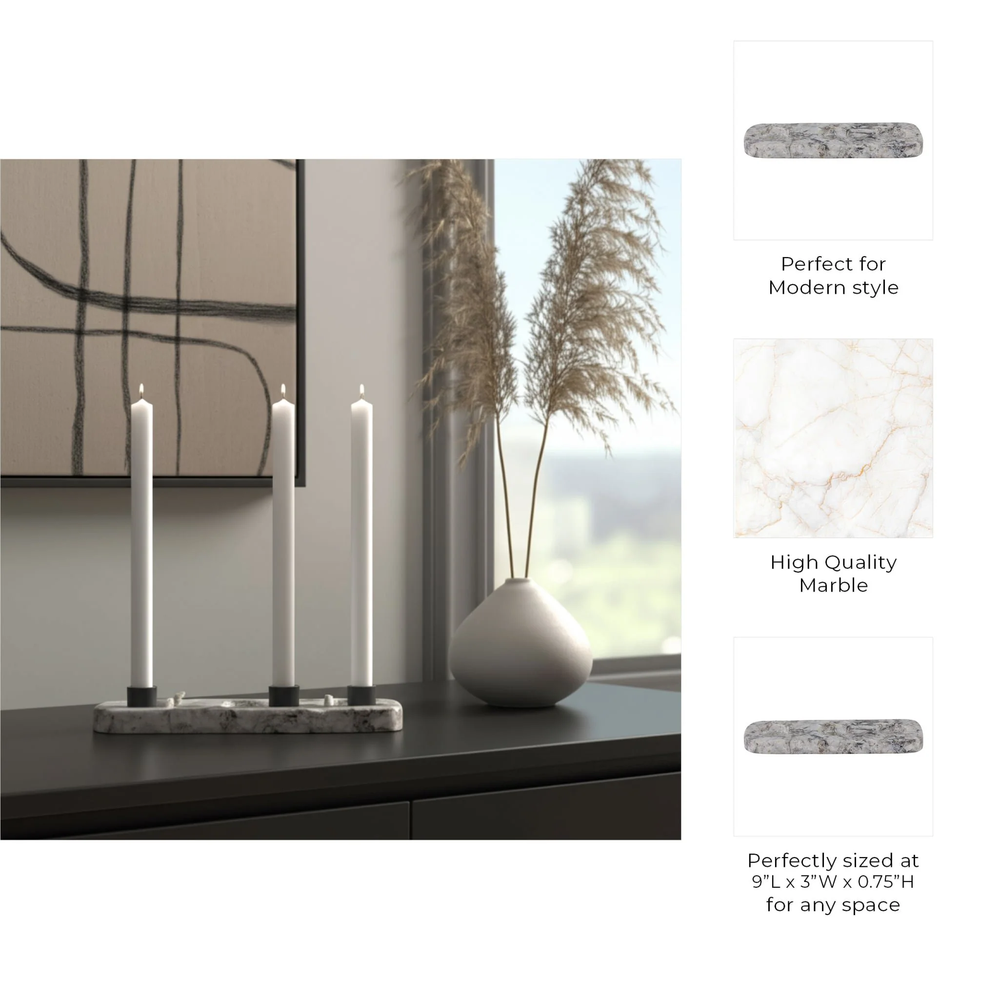 9x3" Marble 3-tealight Holder, White/black - Image 10
