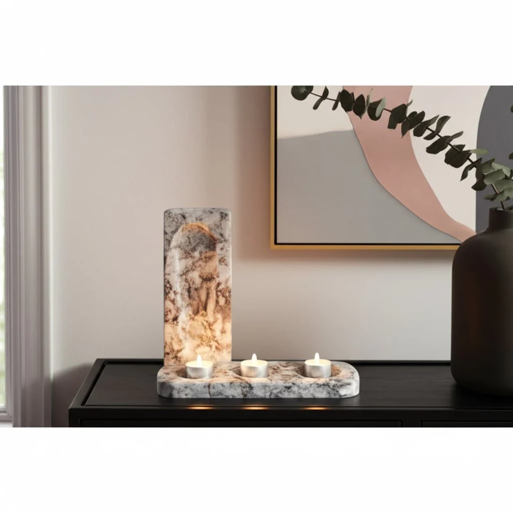9x3" Marble 3-tealight Holder, White/black - Image 12