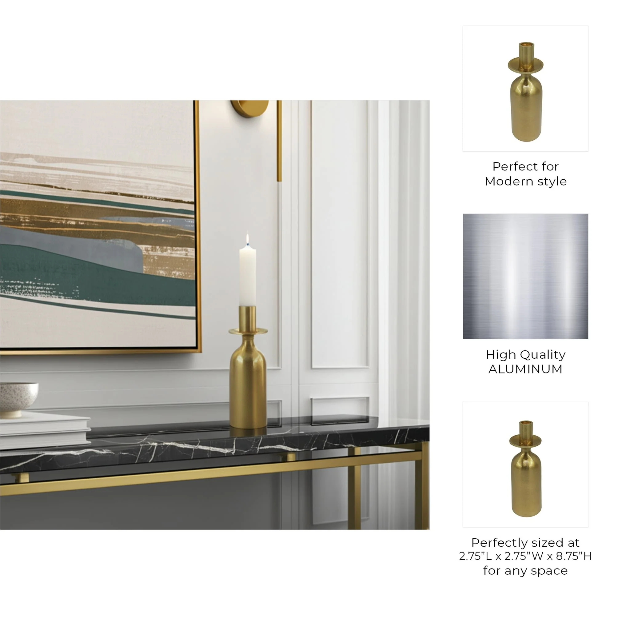 9x3" Wide Base Metal Taper Holder, Gold - Image 2
