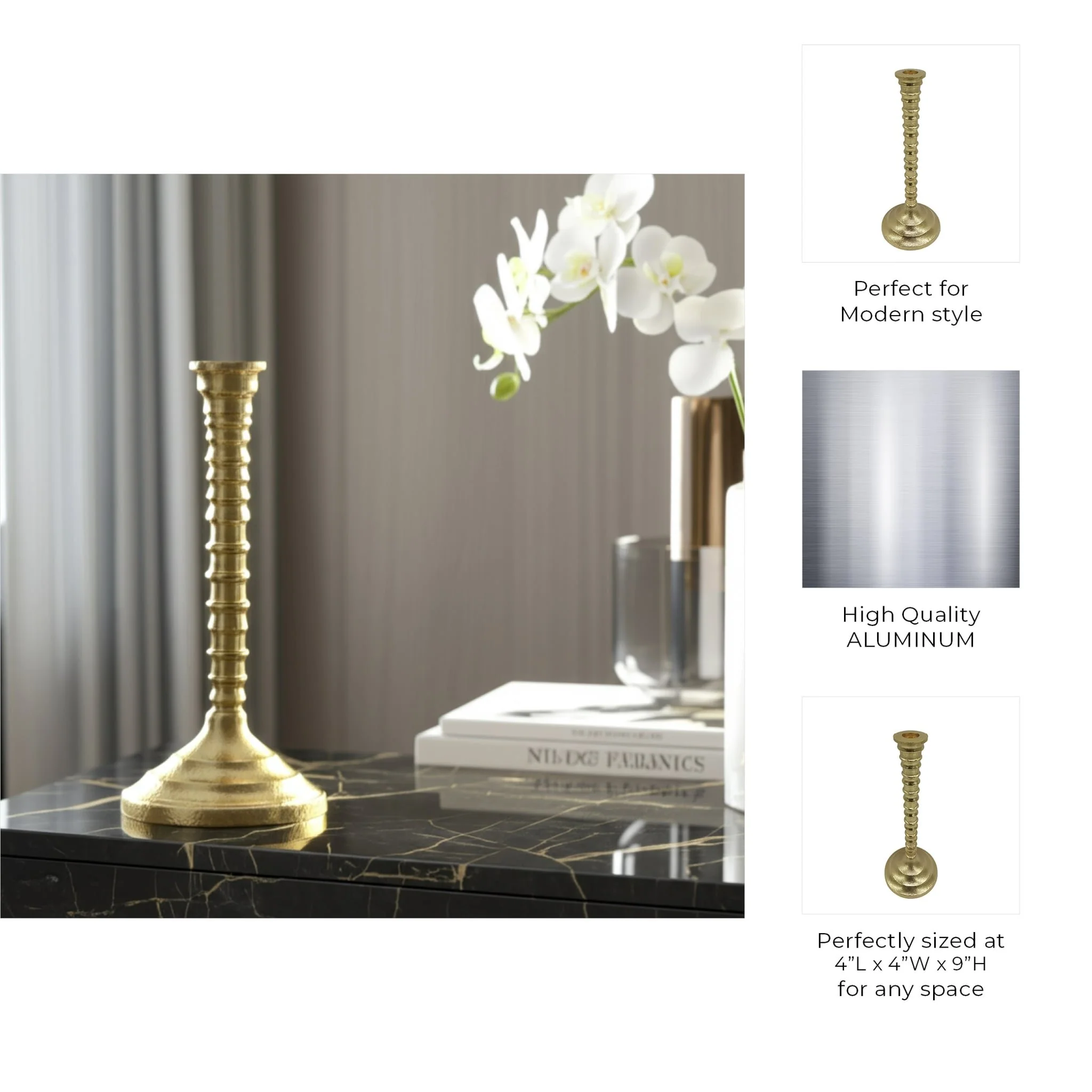 9x4" Ribbed Metal Taper Holder, Gold - Image 2