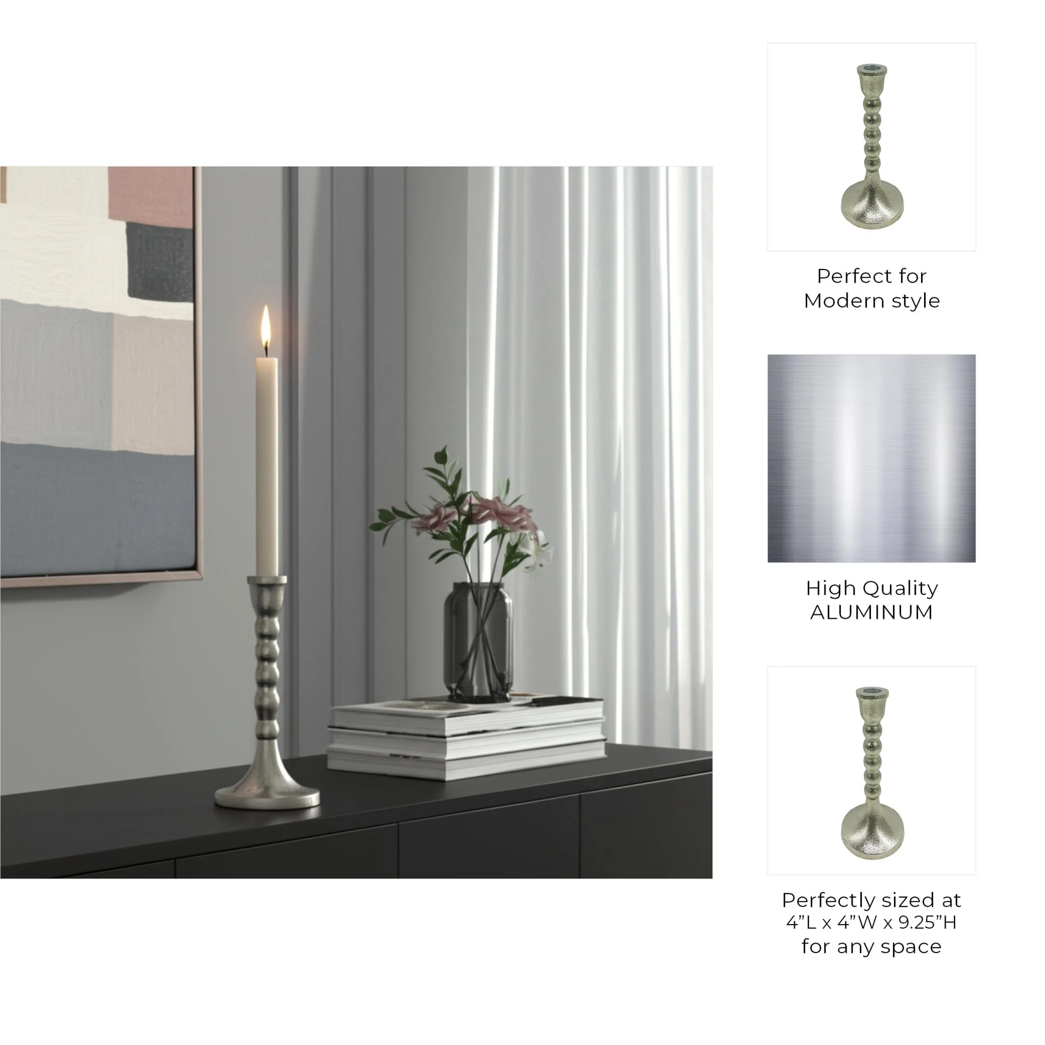 9x4" Stacked Ball Metal Taper Holder, Silver - Image 2