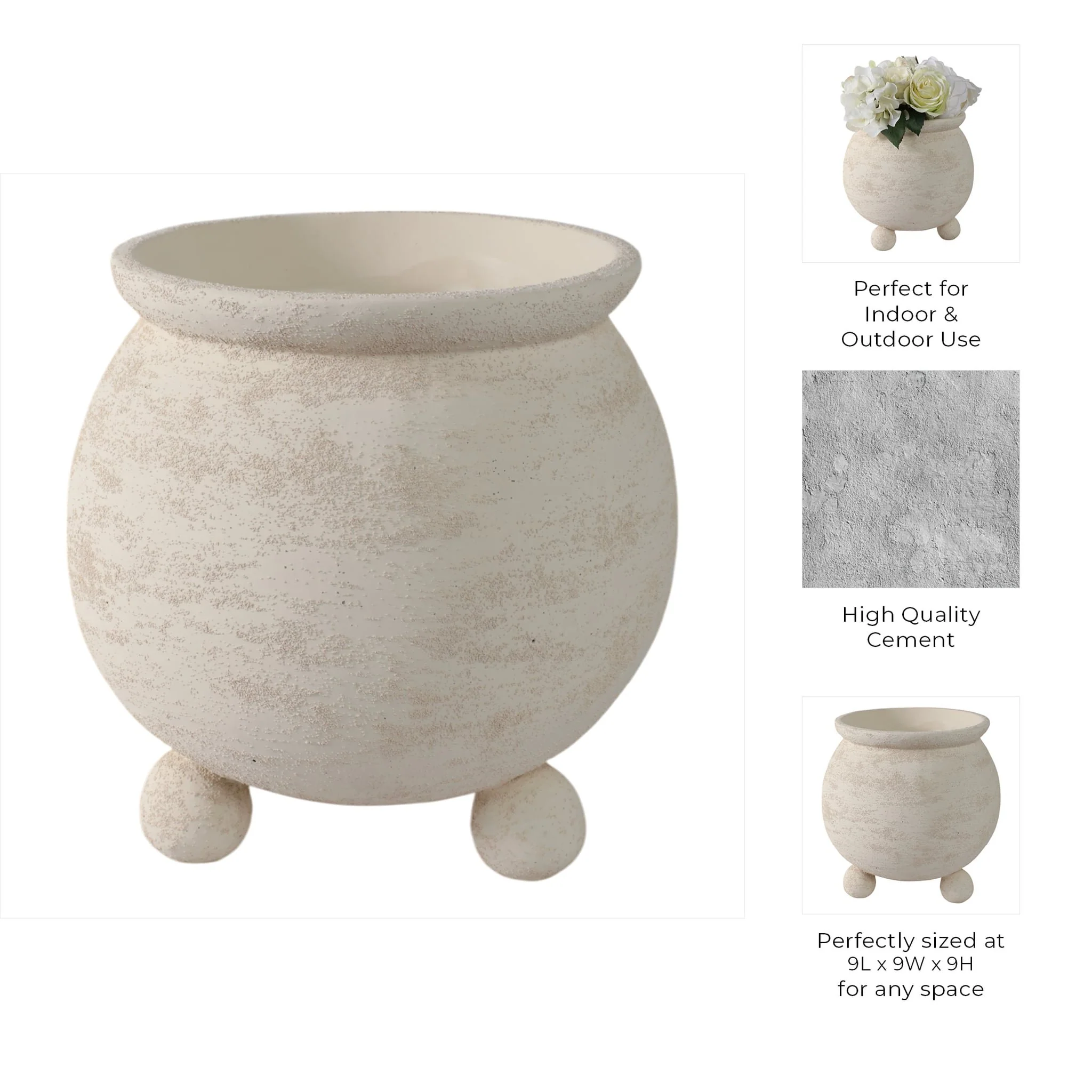 9x9" Textured Rounded Planter On Ball Feet, Ivory - Image 5