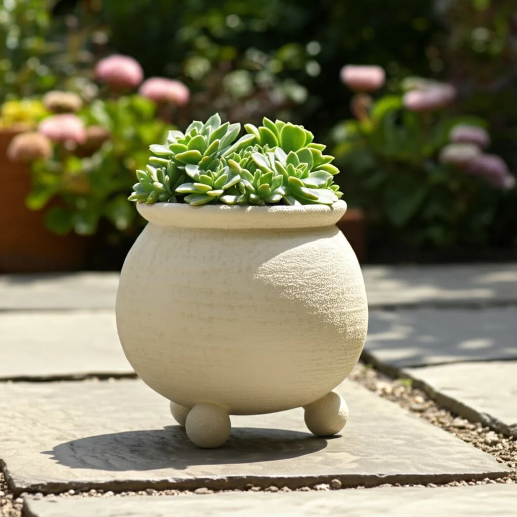 9x9" Textured Rounded Planter On Ball Feet, Ivory - Image 8