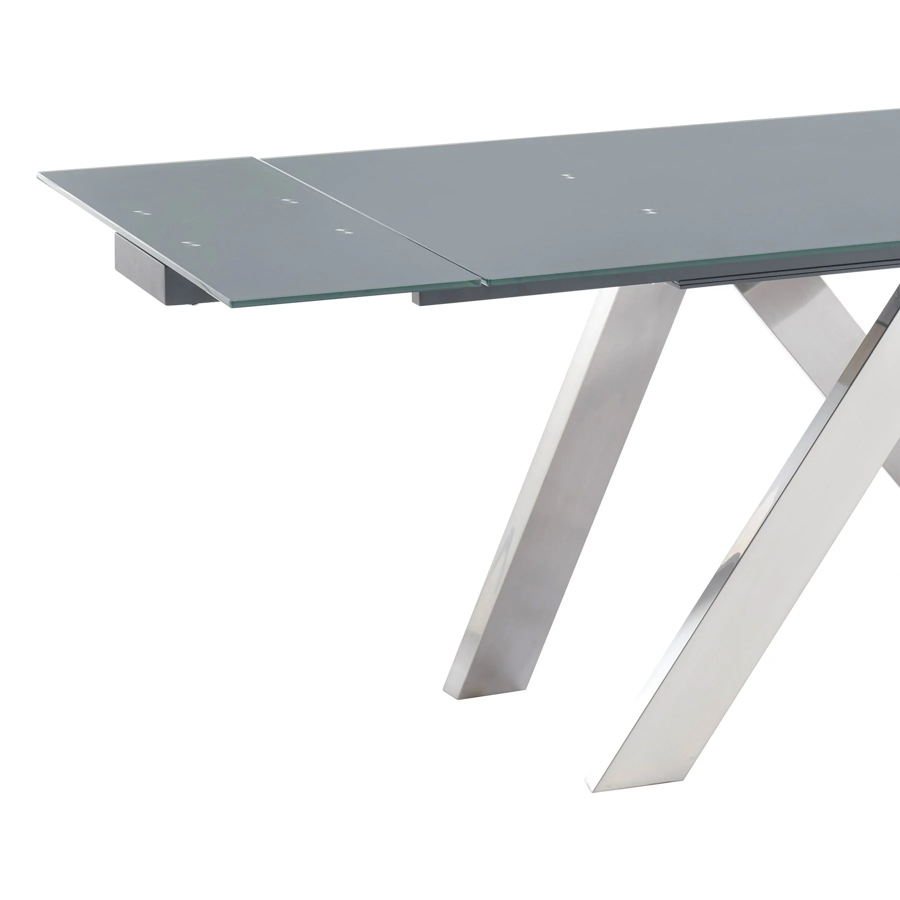 Ace Contemporary Extension Dining Table in Gray Powder Coated Finish with Brushed Stainless Steel and Gray Tempered Glass Top - Image 2