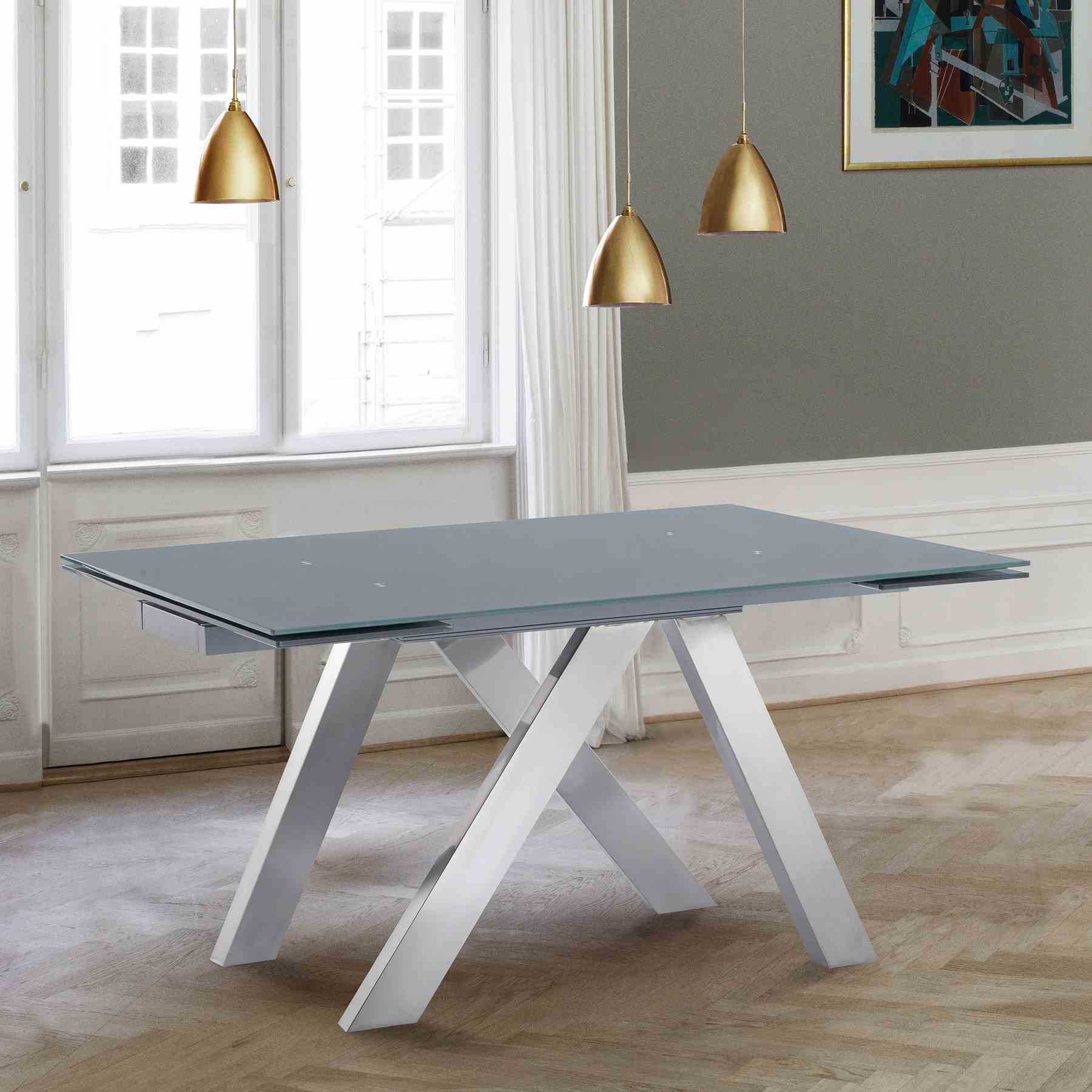 Ace Contemporary Extension Dining Table in Gray Powder Coated Finish with Brushed Stainless Steel and Gray Tempered Glass Top - Image 4