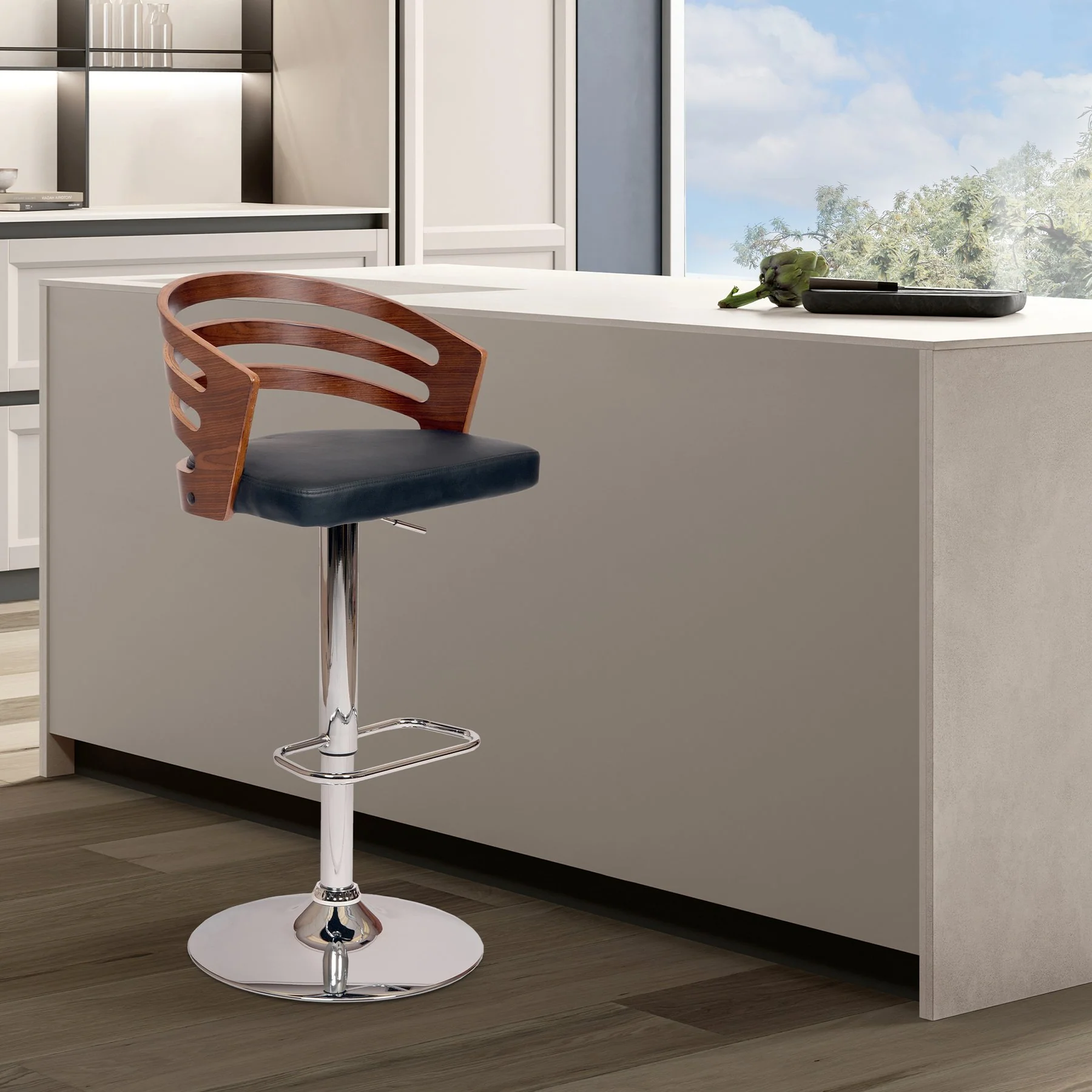 Adele Adjustable Height Swivel Black Faux Leather and Walnut Wood Bar Stool with Chrome Base - Image 5