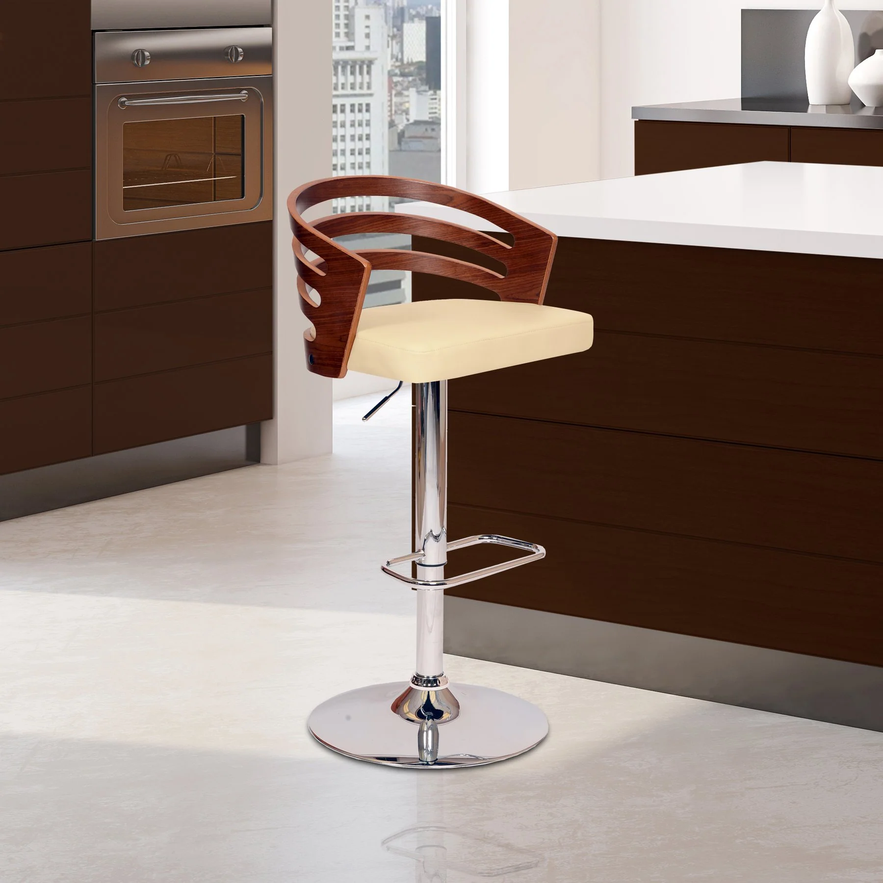 Adele Adjustable Height Swivel Cream Faux Leather and Walnut Wood Bar Stool with Chrome Base - Image 5