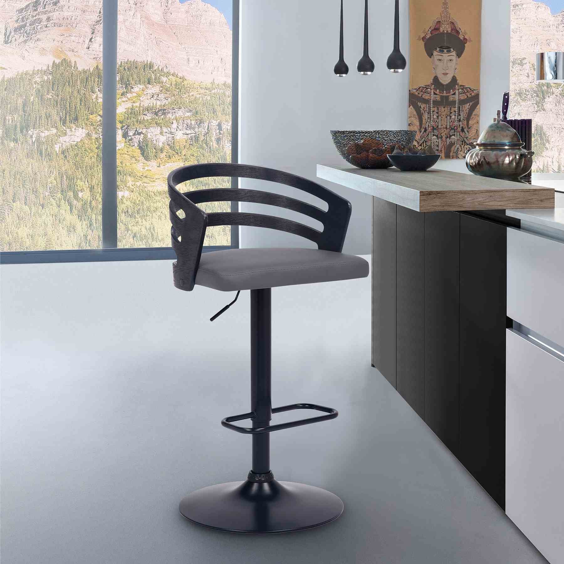 Adele Adjustable Height Swivel Gray Faux Leather and Black Wood Bar Stool with Black Base - Image 10
