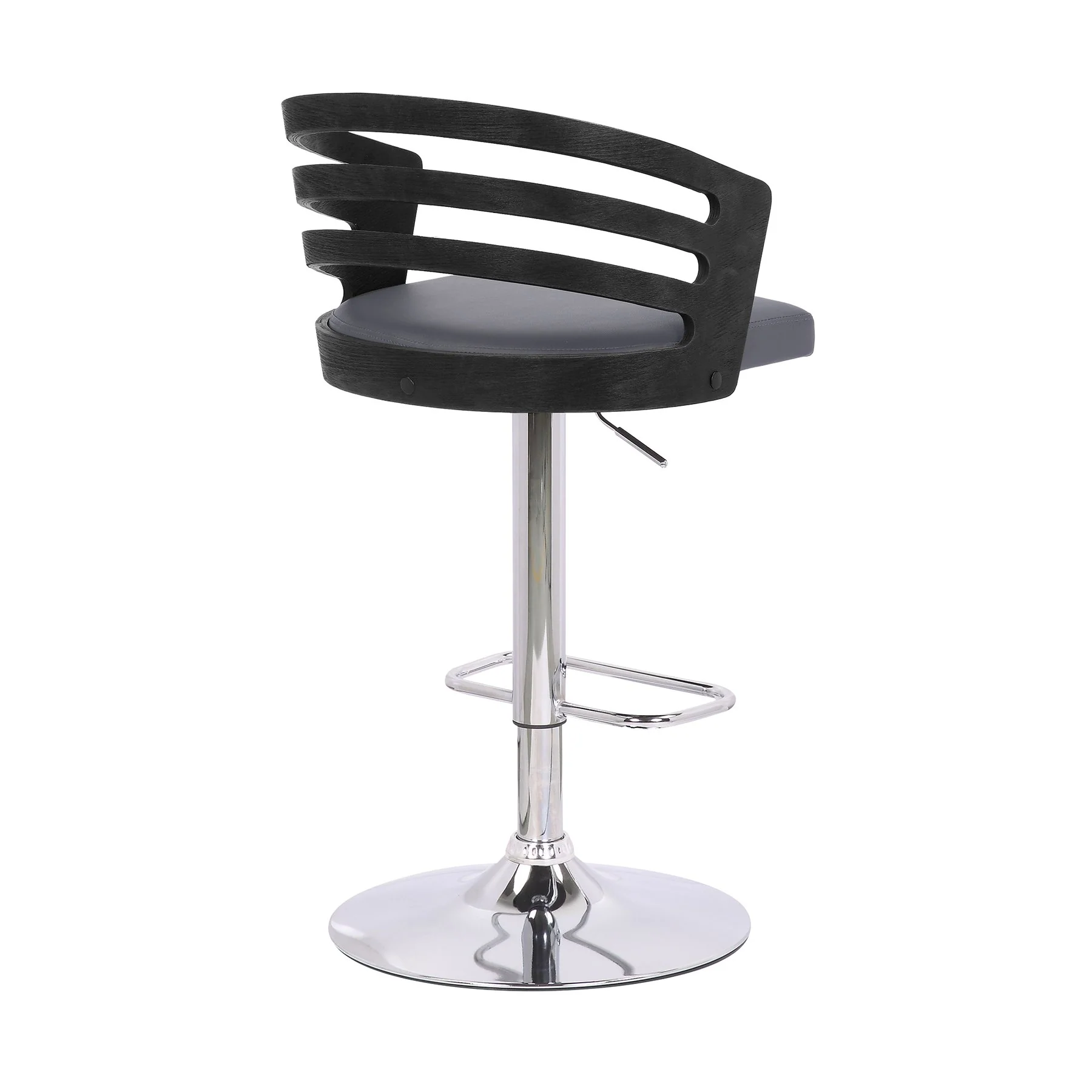 Adele Adjustable Height Swivel Gray Faux Leather and Black Wood Bar Stool with Chrome Base - Image 4