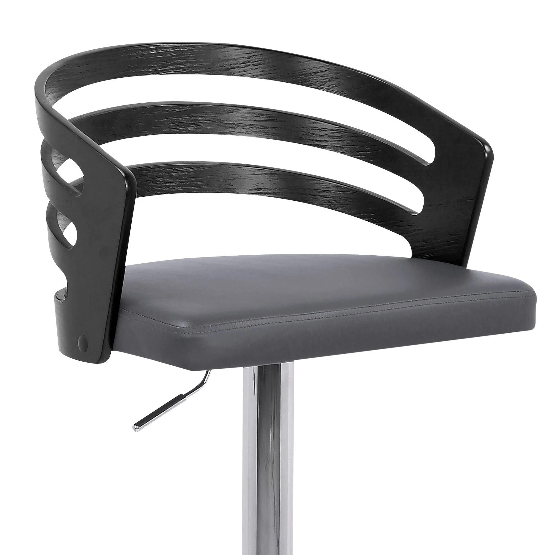 Adele Adjustable Height Swivel Gray Faux Leather and Black Wood Bar Stool with Chrome Base - Image 6