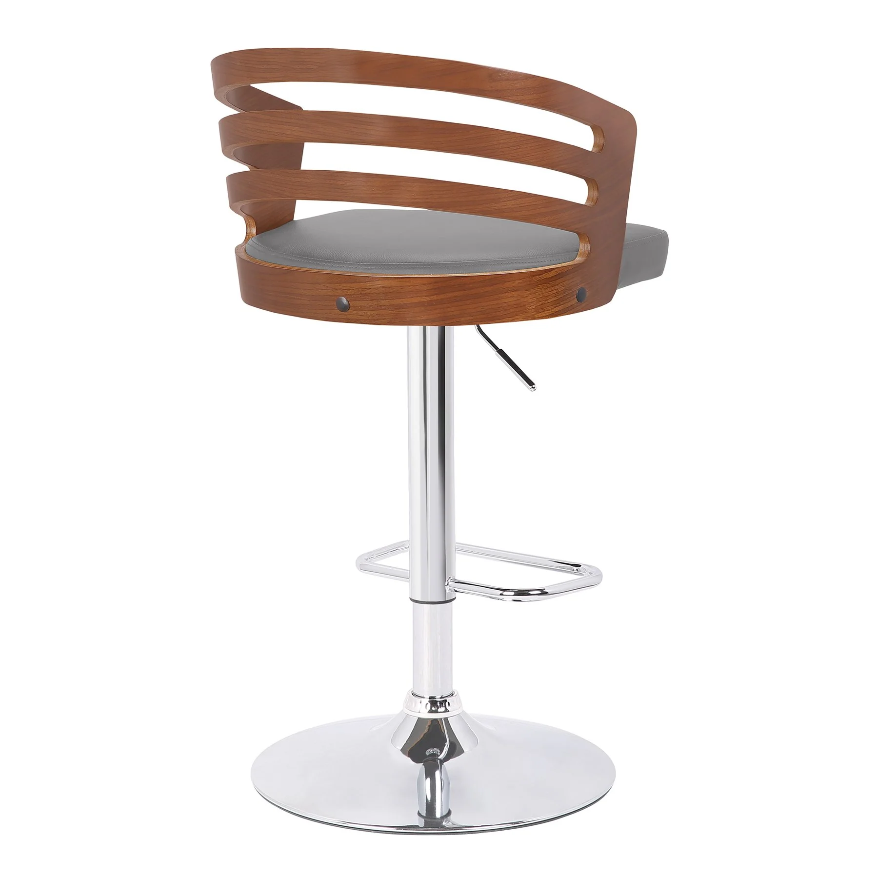 Adele Adjustable Height Swivel Gray Faux Leather and Walnut Wood Bar Stool with Chrome Base - Image 3