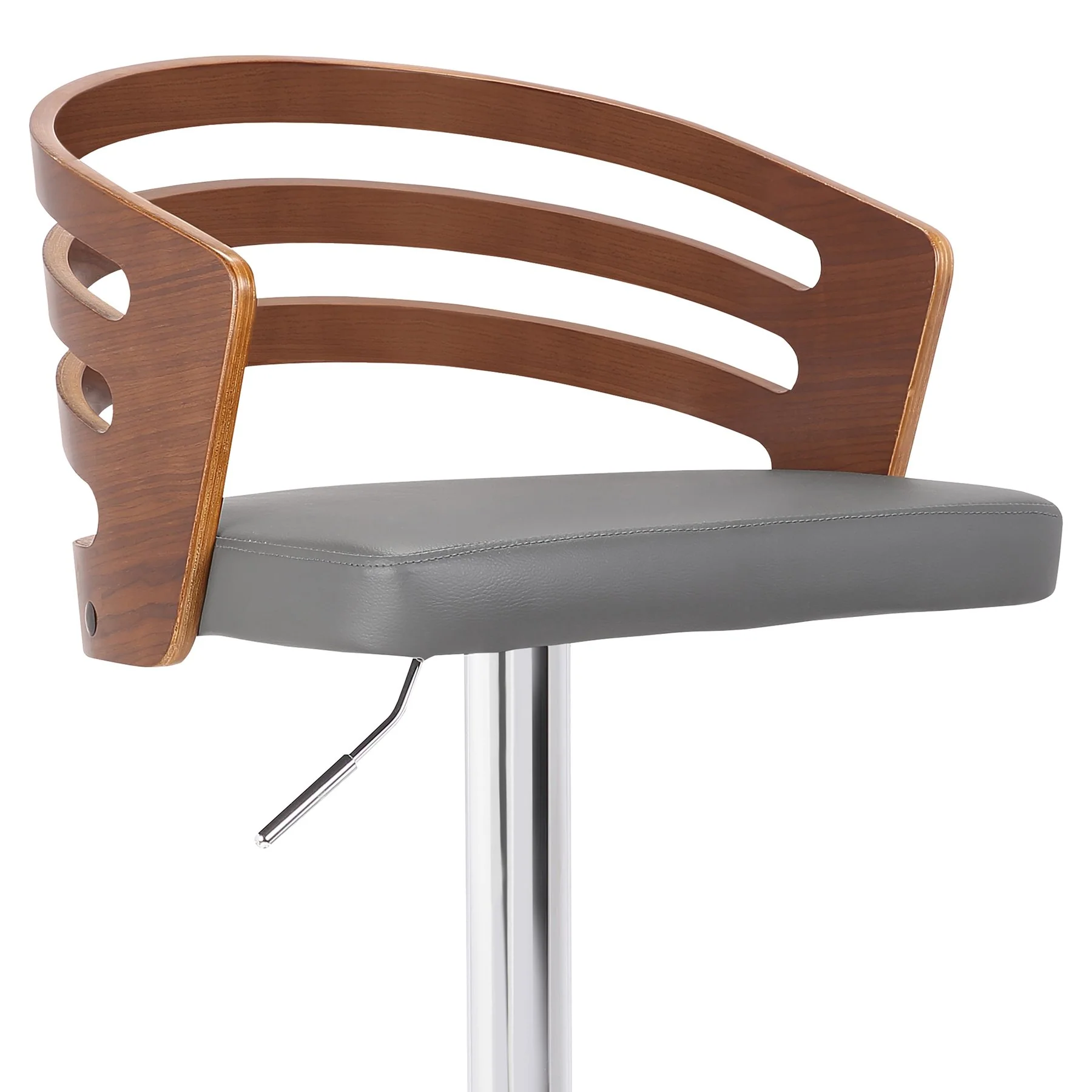 Adele Adjustable Height Swivel Gray Faux Leather and Walnut Wood Bar Stool with Chrome Base - Image 4