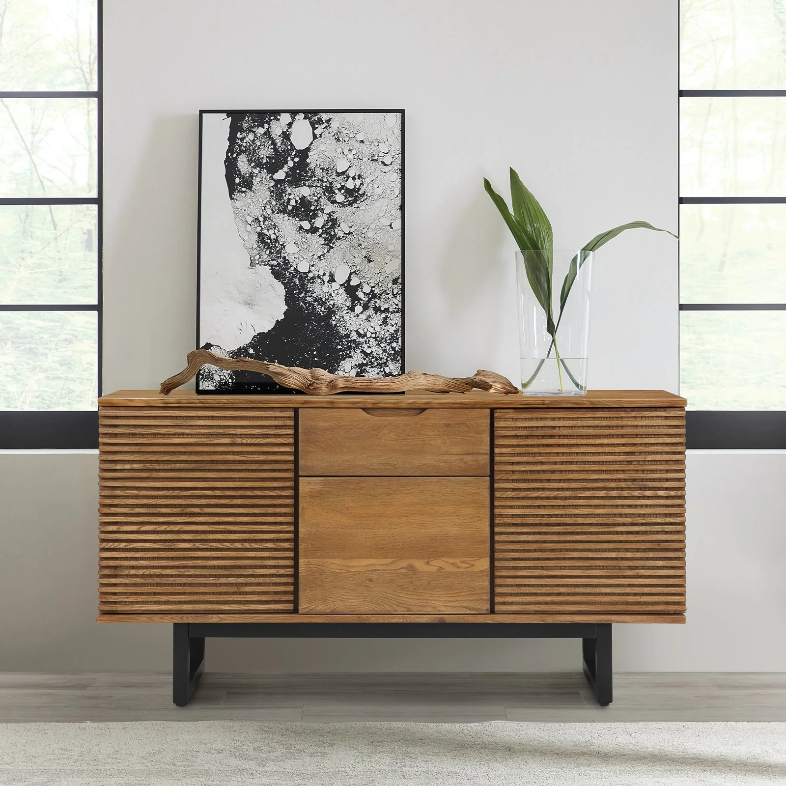 Aldo Brown Oak Sideboard Buffet Cabinet in Brown Oak Wood with Black Metal Legs - Image 11